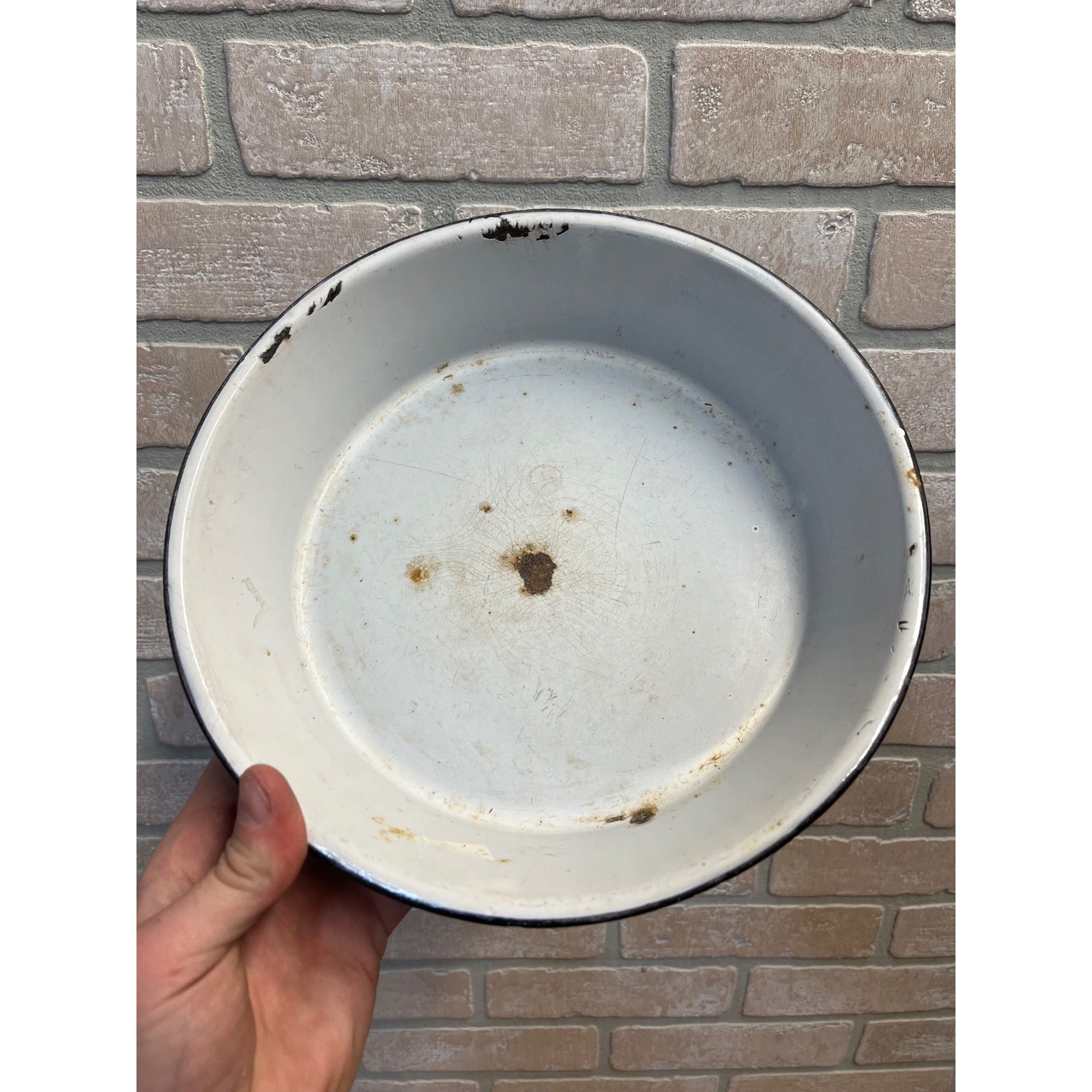 Antique Primitive Blue & White Swirl Enamelware Shallow Bowl Farmhouse Kitchen Decor