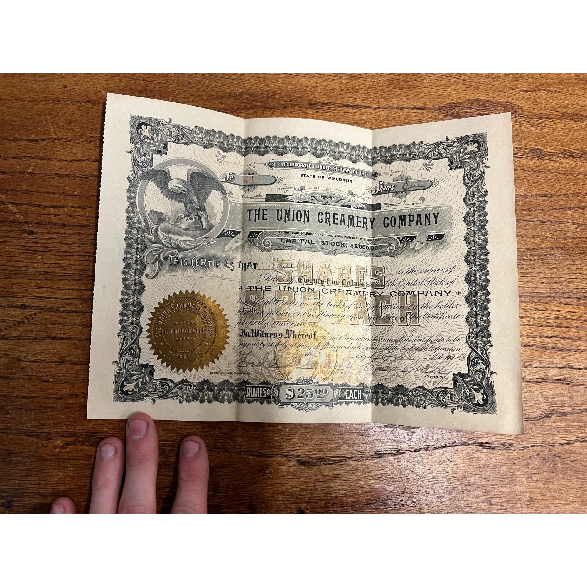 Antique 1906 Union Creamery Co. Stock Certificate Almond Buena Vista Wisconsin