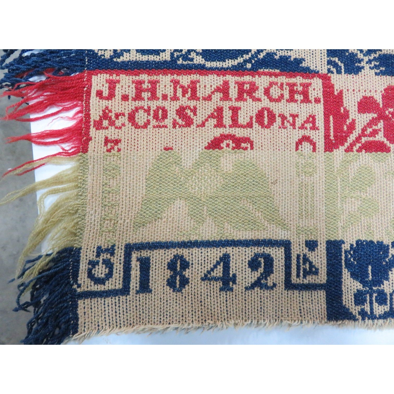 Antique 3 Color Woven Coverlet JH March Co. 1842 Salona Clinton Cty Pennsylvania