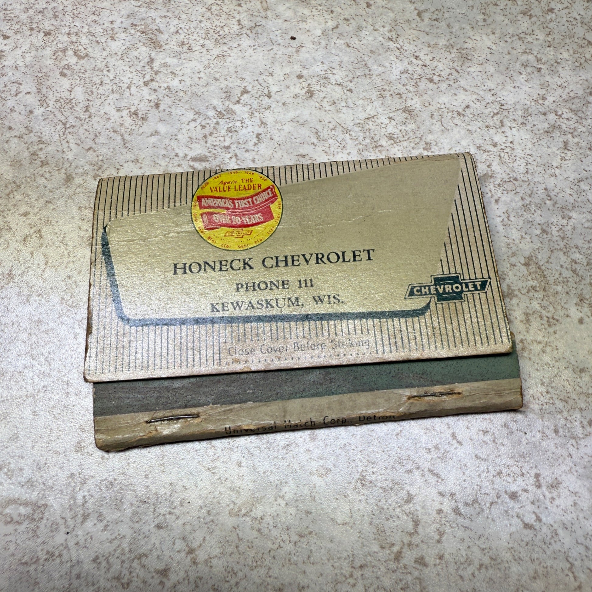 Honeck Chevrolet 1951 Truck Kewaskum Wis.  Advertising Matchbook