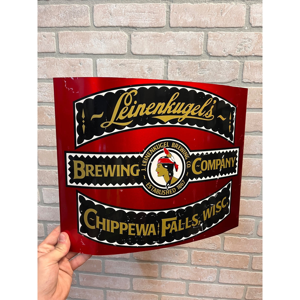 Vintage Leinenkugel's Curved Tin Advertising Sign Indian Maiden Logo Chippewa Falls, WI