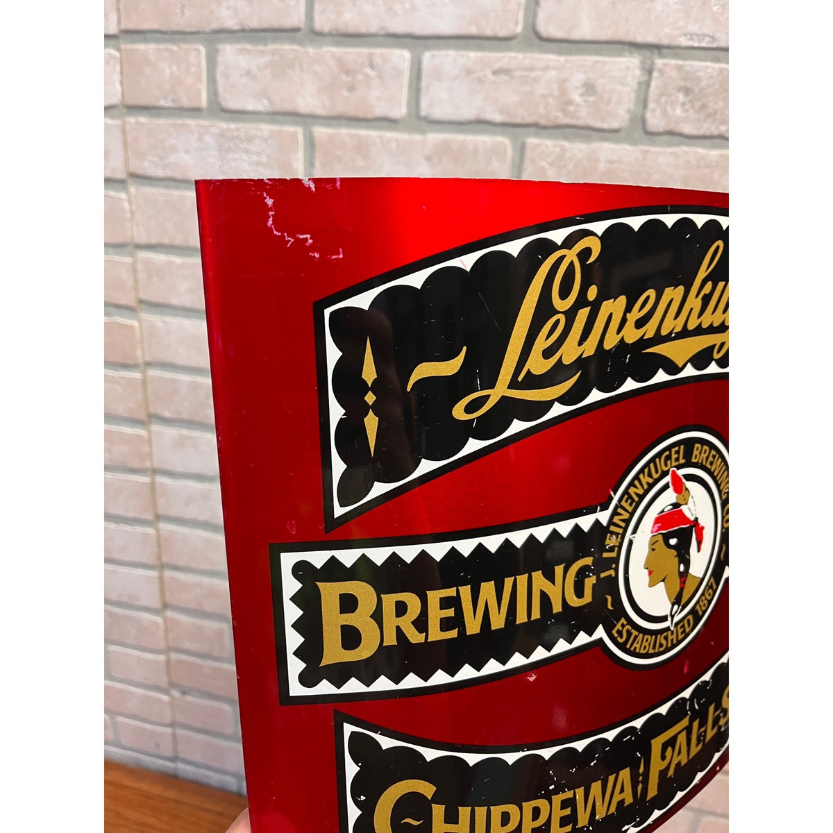 Vintage Leinenkugel's Curved Tin Advertising Sign Indian Maiden Logo Chippewa Falls, WI
