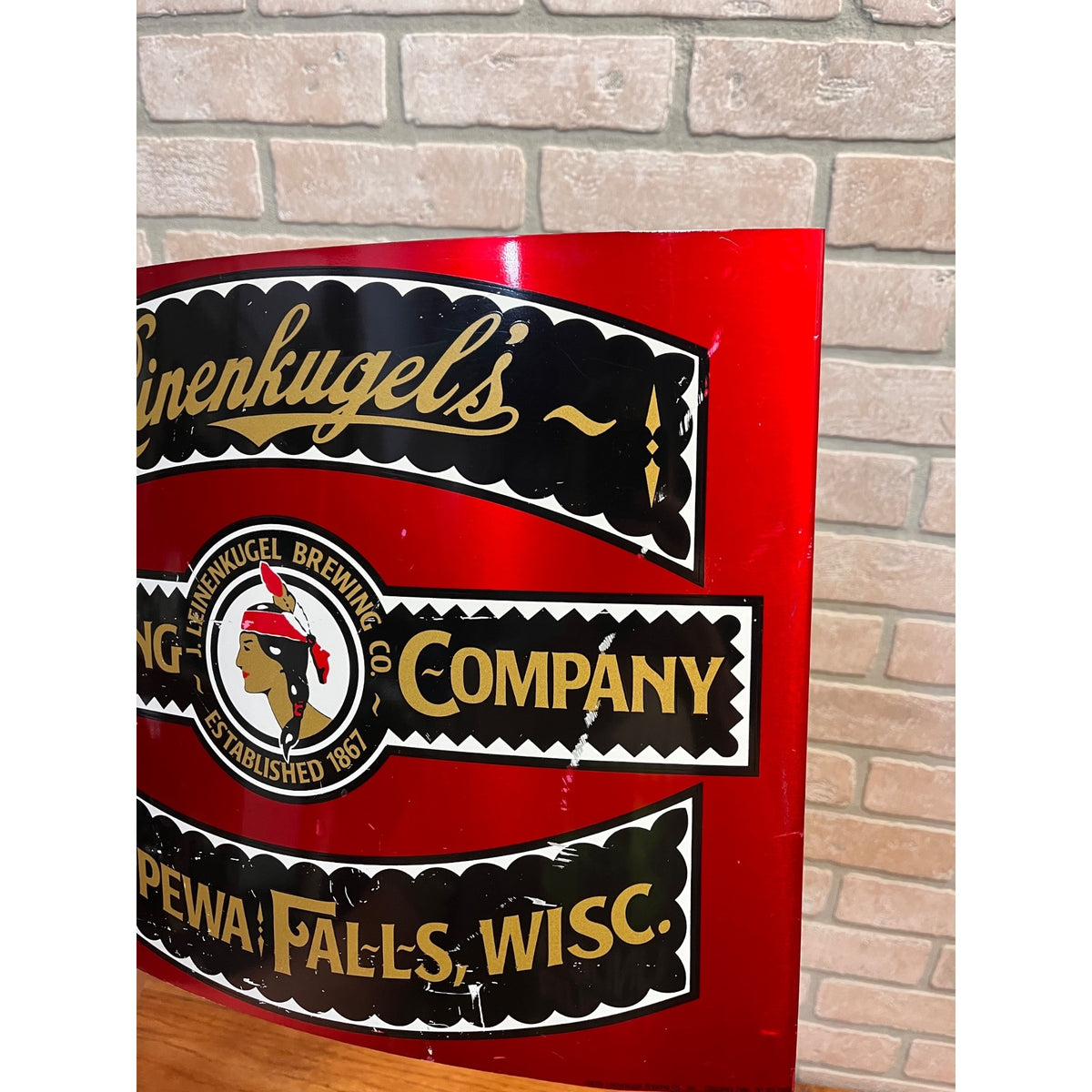 Vintage Leinenkugel's Curved Tin Advertising Sign Indian Maiden Logo Chippewa Falls, WI