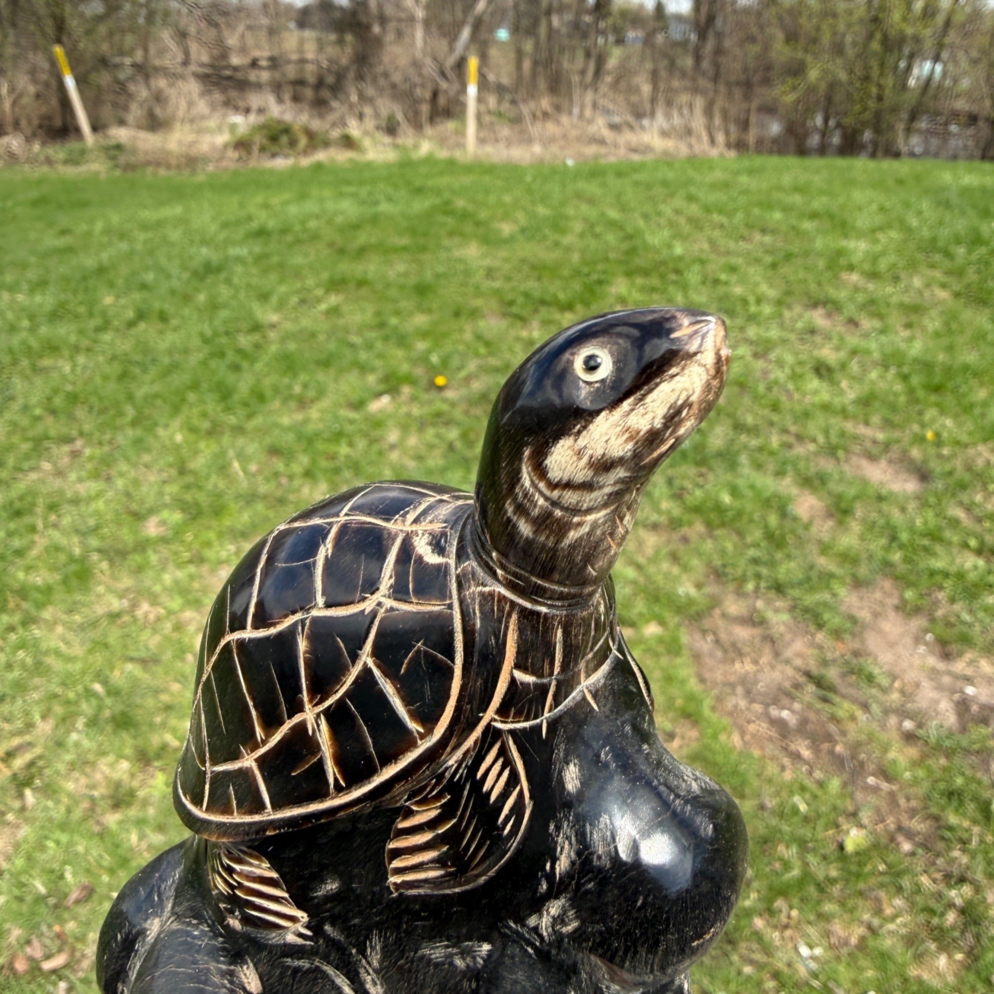 Vintage Sea Turtles Wood Carved Statue Figure Sculpture on Wood Base