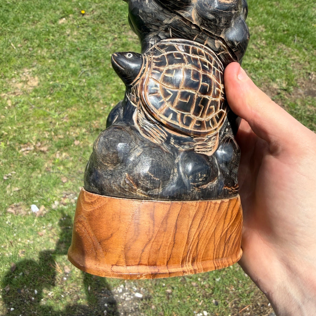 Vintage Sea Turtles Wood Carved Statue Figure Sculpture on Wood Base