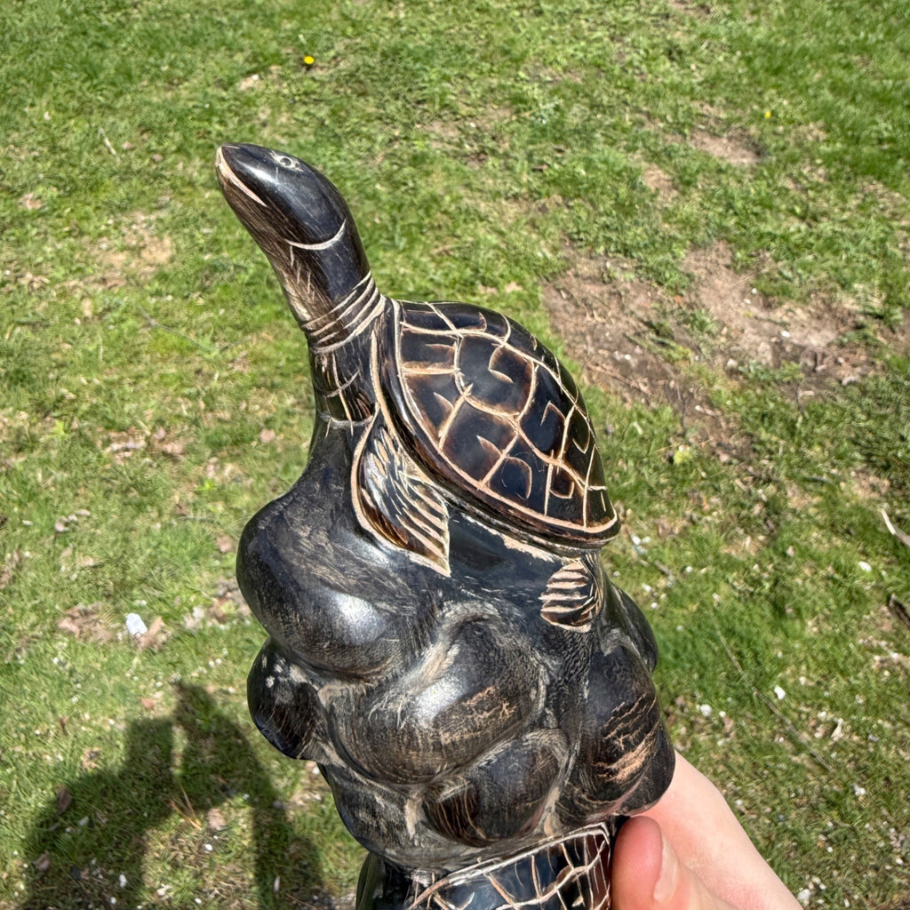 Vintage Sea Turtles Wood Carved Statue Figure Sculpture on Wood Base