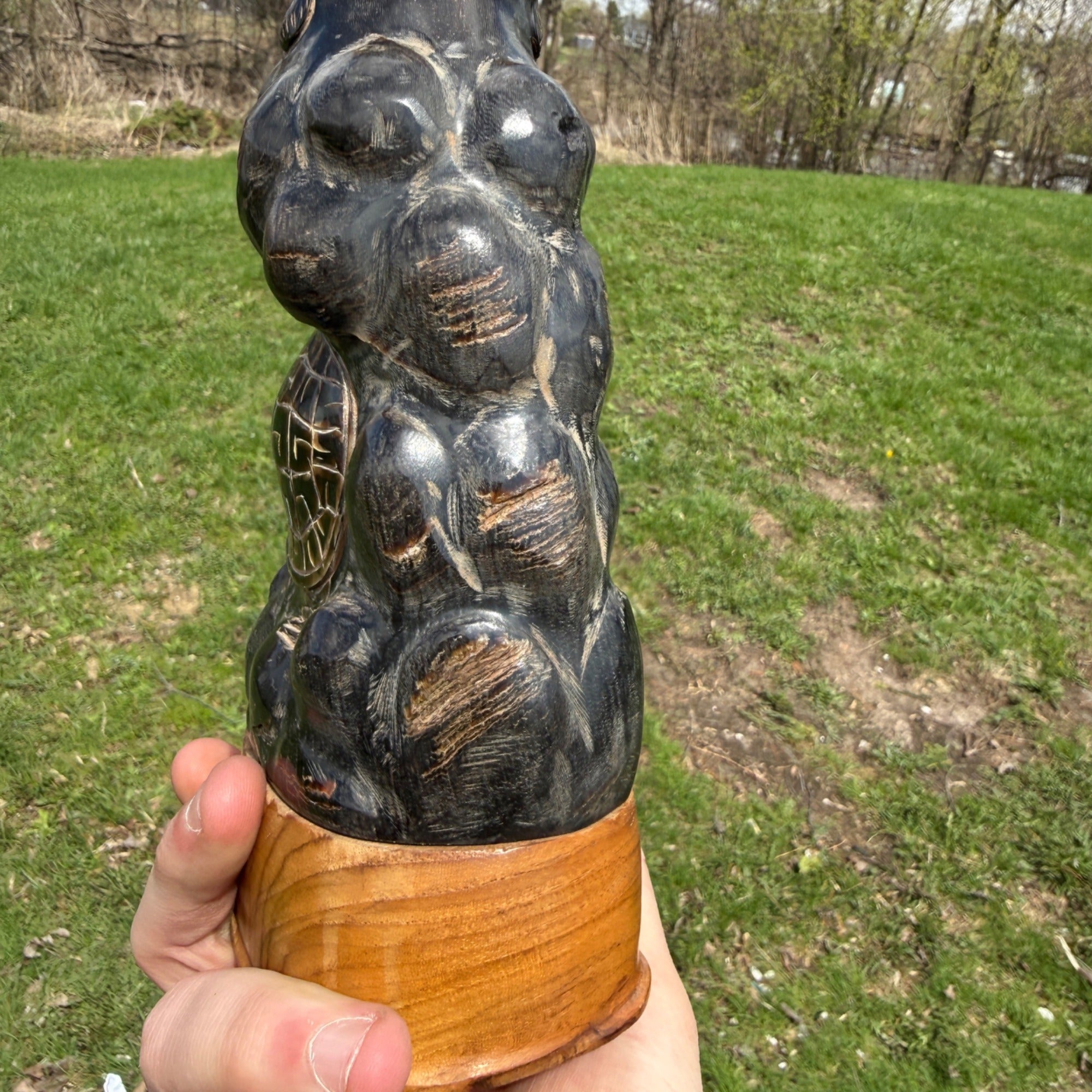 Vintage Sea Turtles Wood Carved Statue Figure Sculpture on Wood Base