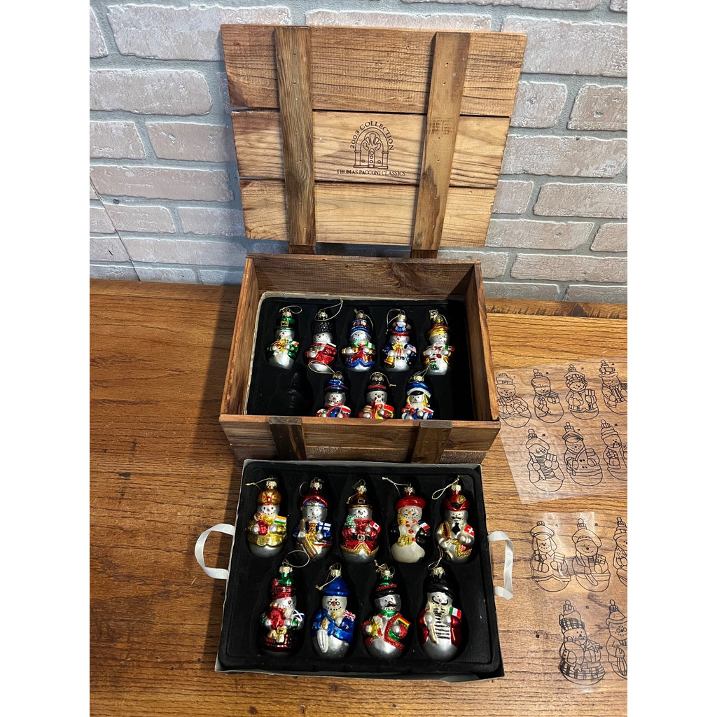 Vintage Thomas Pacconi Classics Wooden Crate With 17 International Glass Snowman Christmas Ornaments 2003