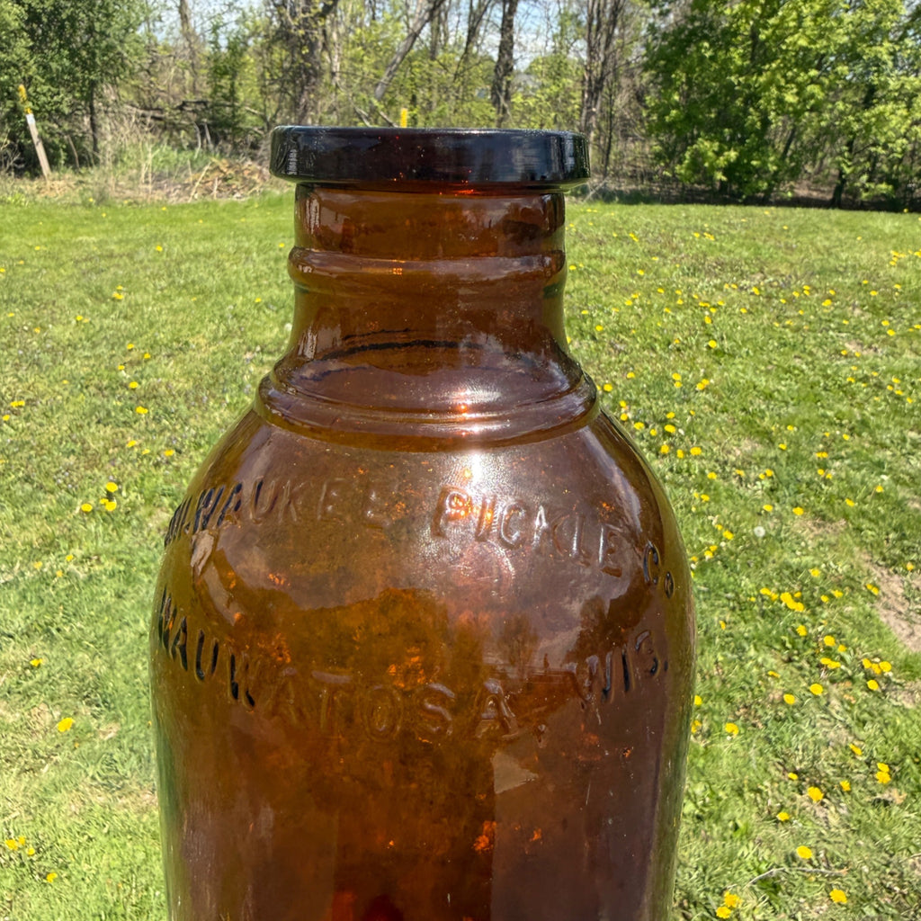 RARE Milwaukee Gallon 13" Pickle Fruit Jar Advertising Wauwatosa Wisconsin Bottle Amber