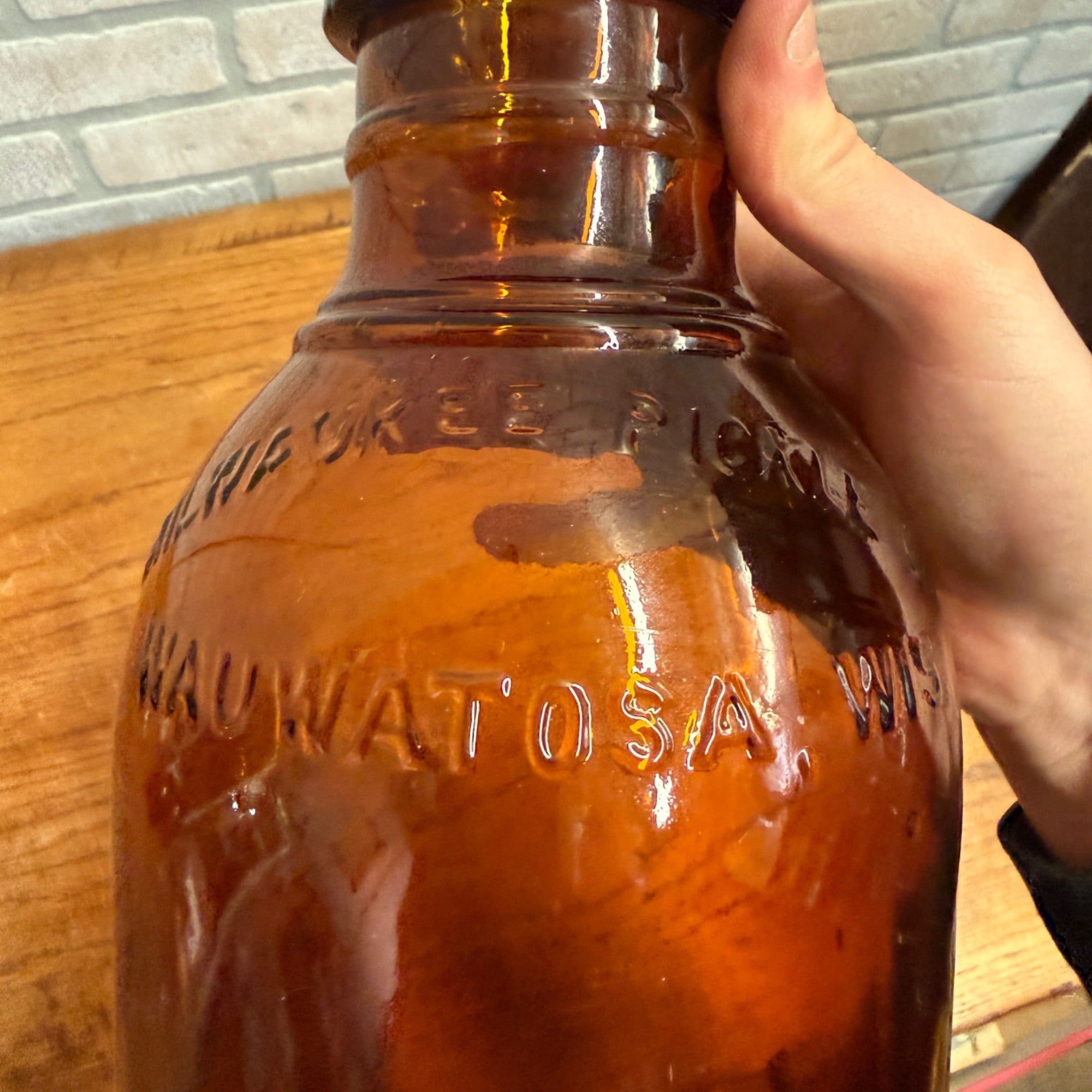RARE Milwaukee Gallon 13" Pickle Fruit Jar Advertising Wauwatosa Wisconsin Bottle Amber