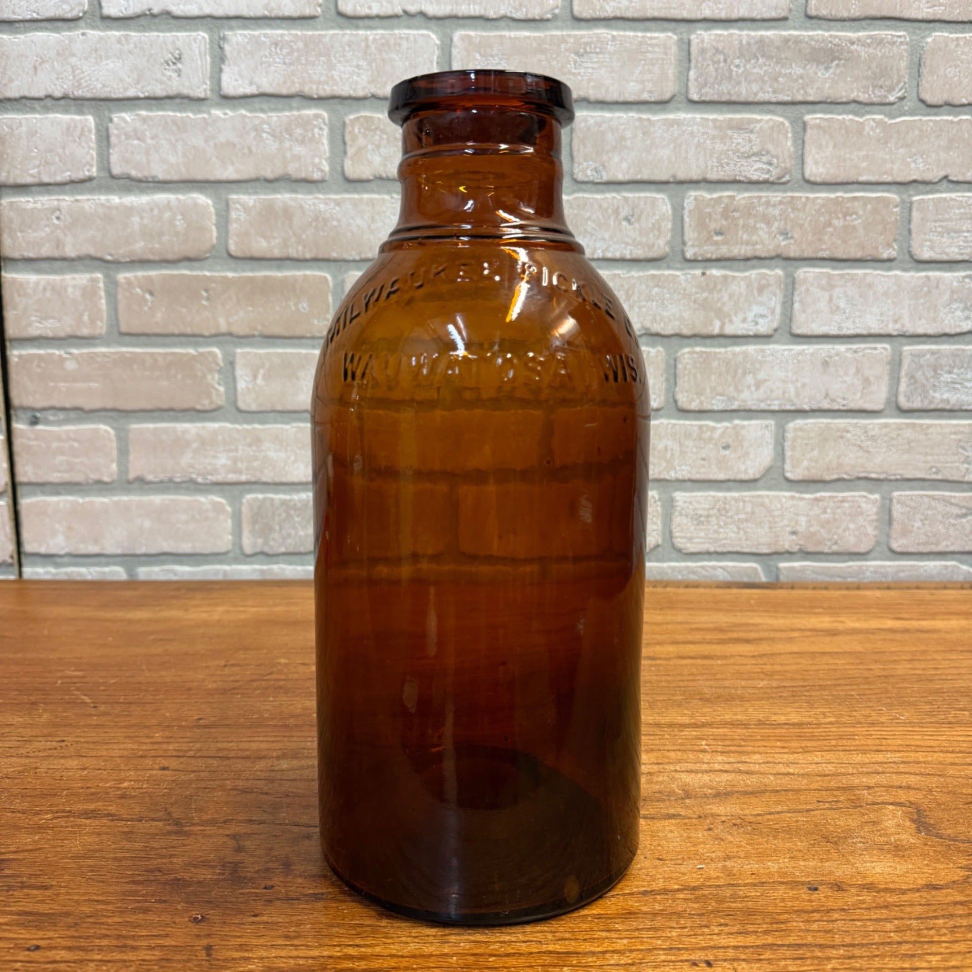 RARE Milwaukee Gallon 13" Pickle Fruit Jar Advertising Wauwatosa Wisconsin Bottle Amber