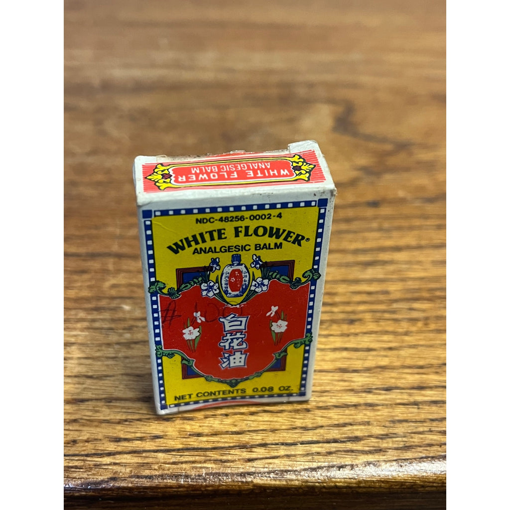 Vintage White Flower Analgesic Balm w Iris Label 2" & Box Miniature Perfume Asian