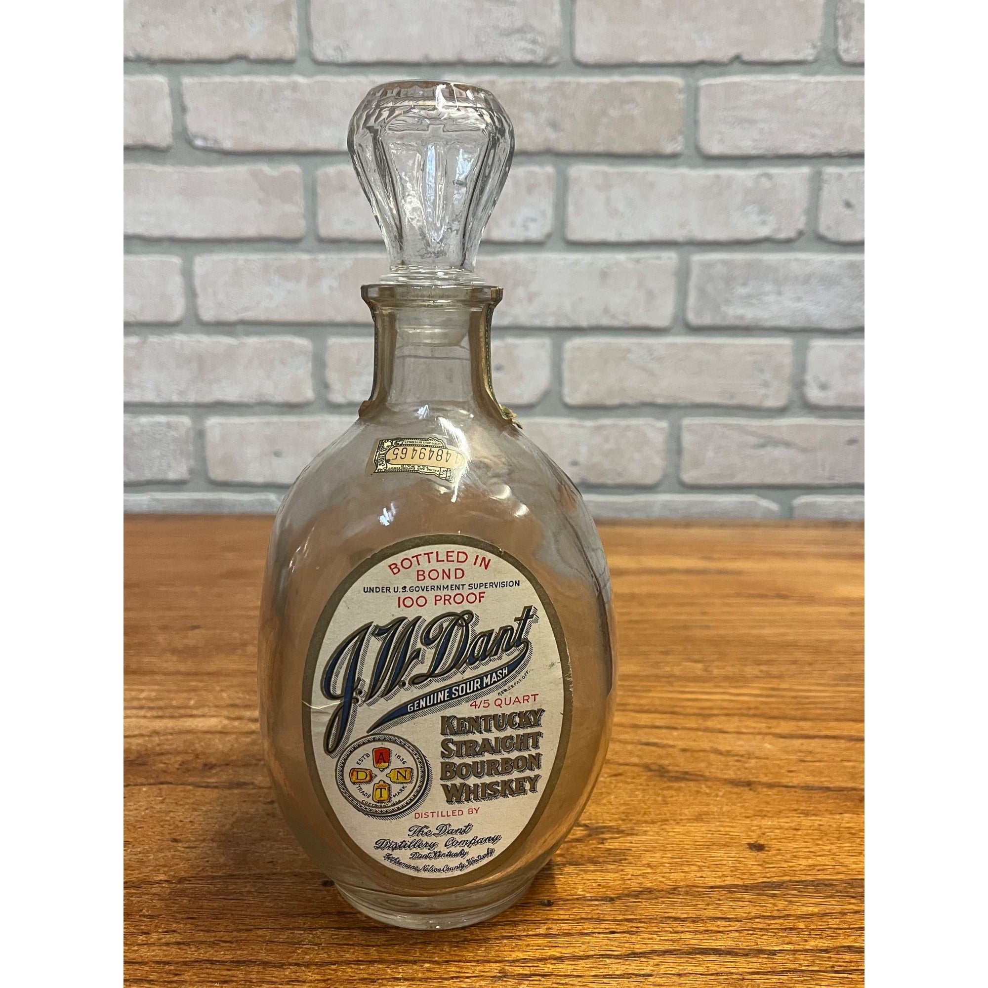 Vintage Empty J.W. Dant Distillery Genuine Sour Mash Kentucky Bourbon Whiskey Bottle With Curved Handhold Kentucky