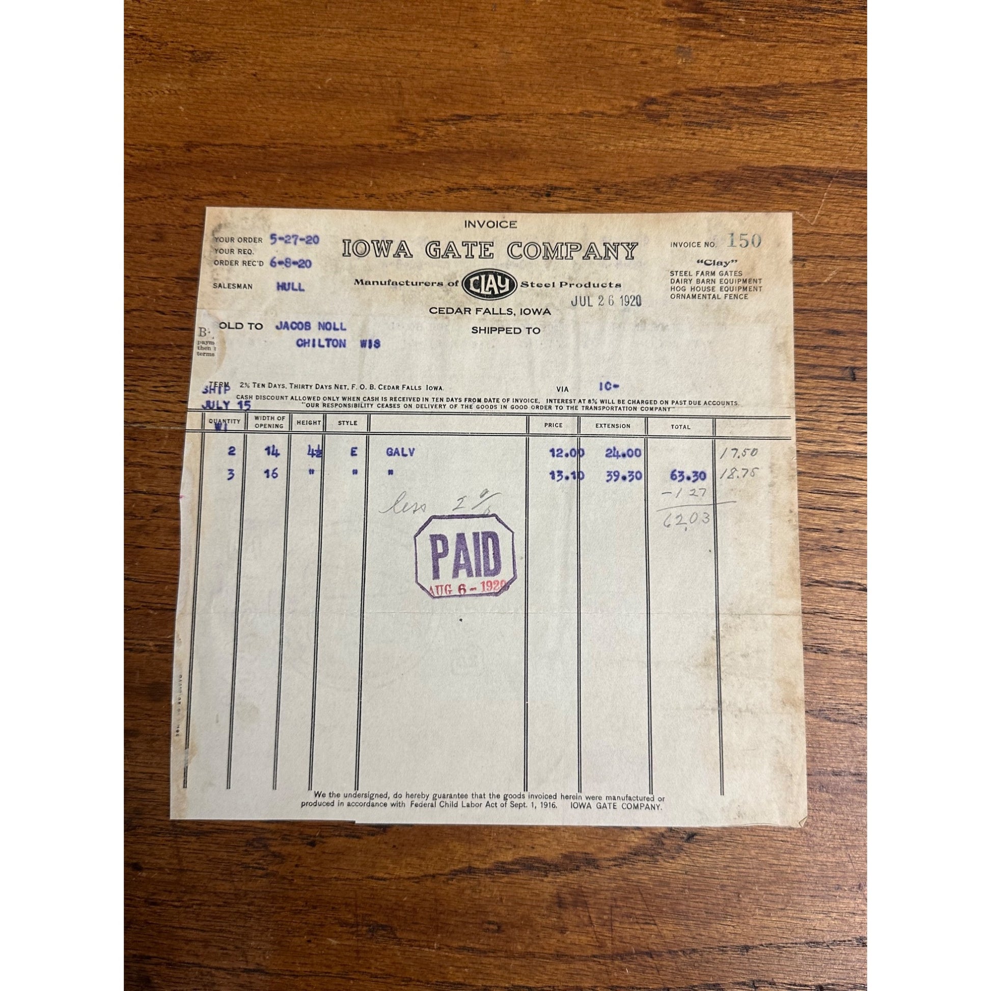 Iowa Gate Company Letterhead Invoice Cedar Falls IA 1920