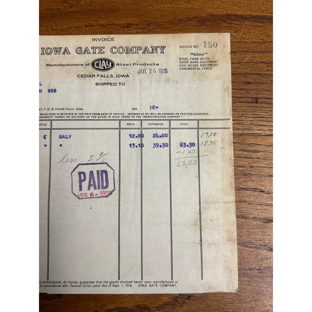 Iowa Gate Company Letterhead Invoice Cedar Falls IA 1920