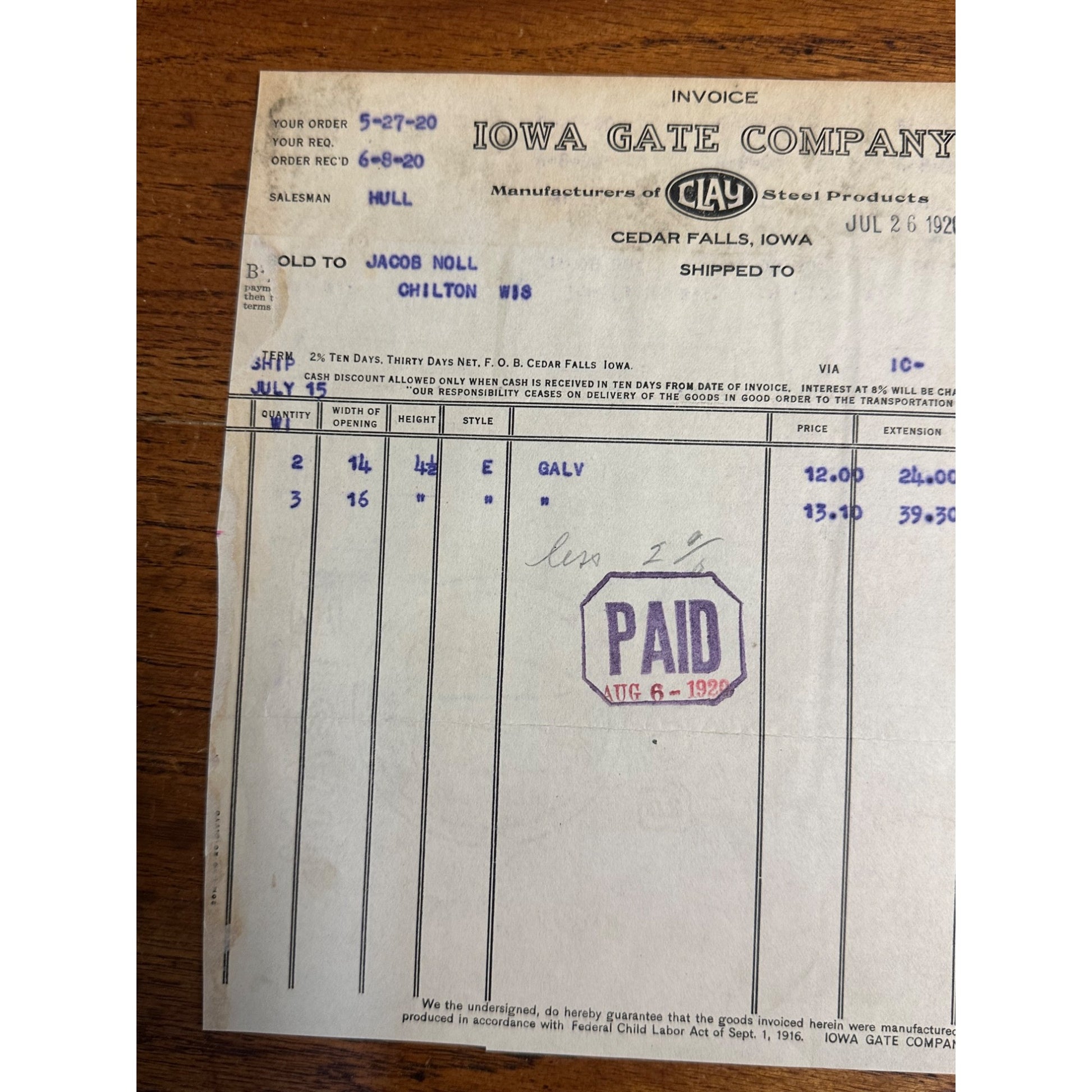 Iowa Gate Company Letterhead Invoice Cedar Falls IA 1920