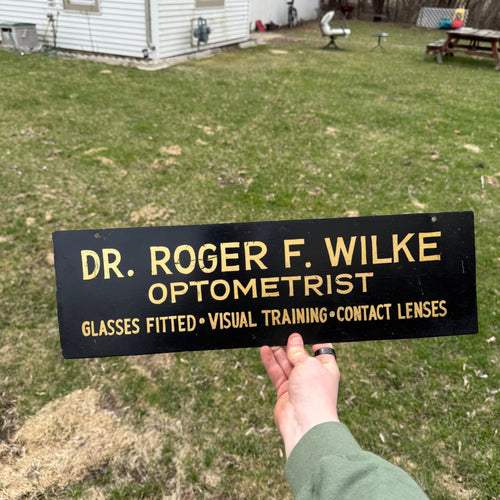 Vintage Painted Tin Optometrist Sign Roger Wilke Trade Sign Metal