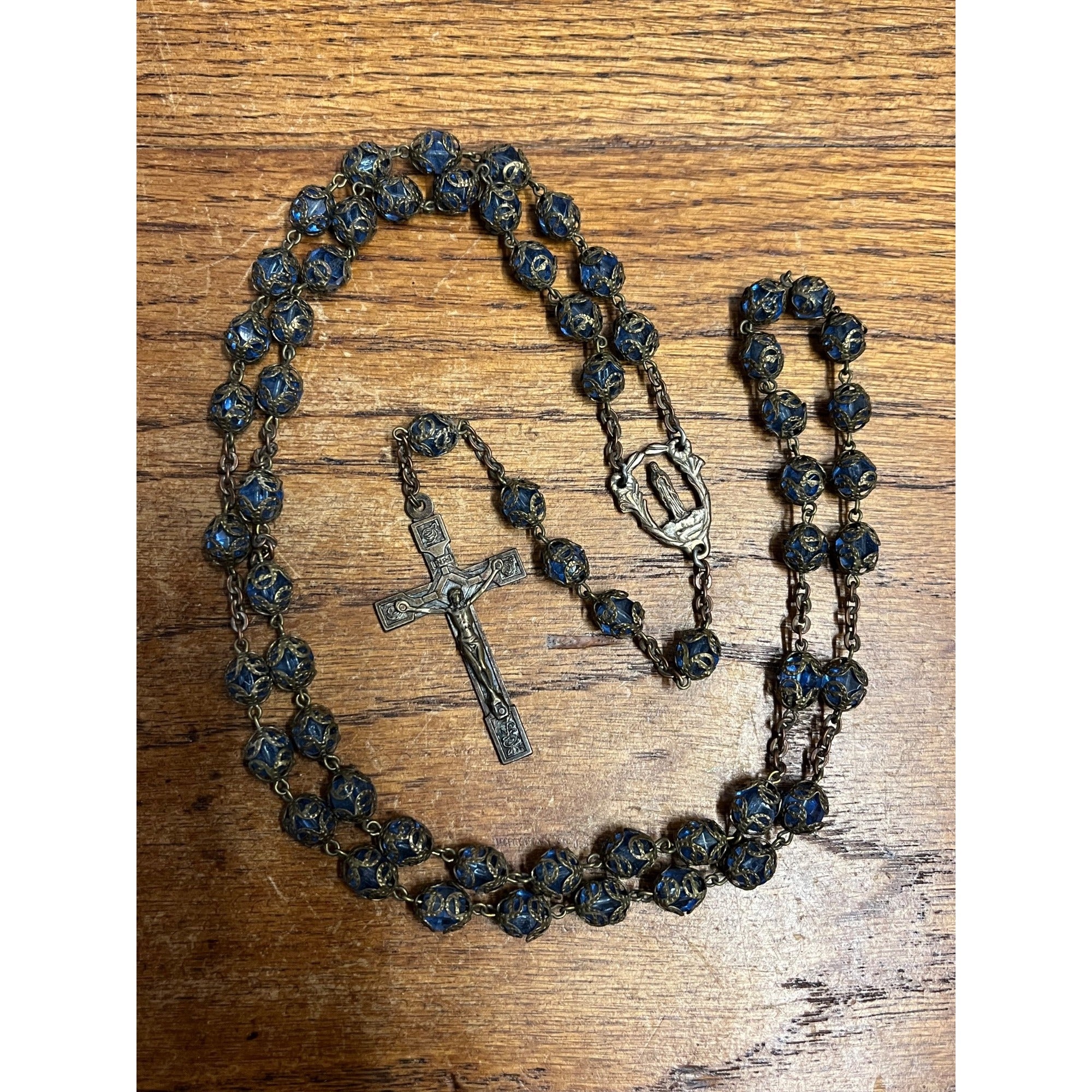 Vintage Catholic Rosary Blue Czech Glass Filigree Beads Brass Crucifix Lourdes