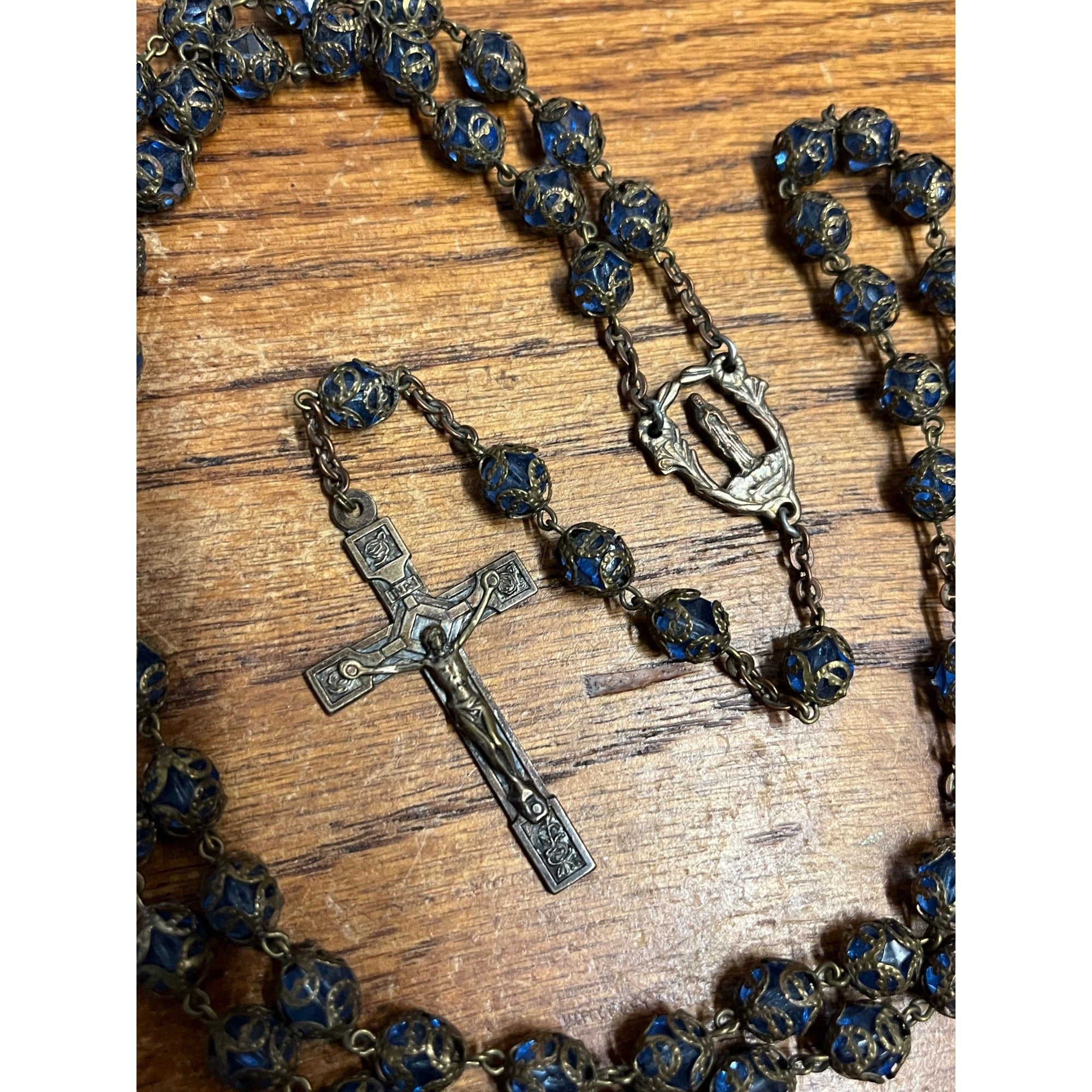 Vintage Catholic Rosary Blue Czech Glass Filigree Beads Brass Crucifix Lourdes