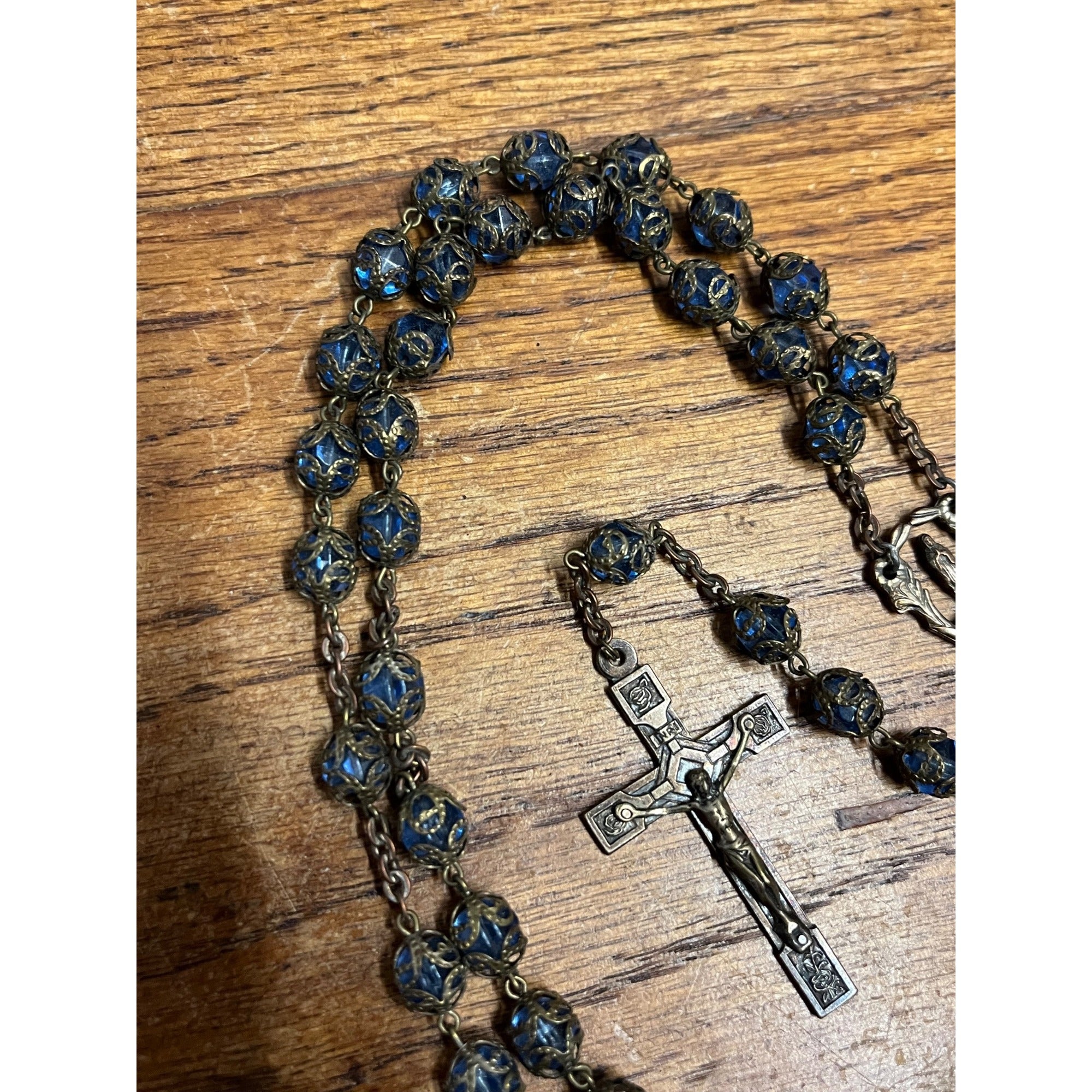 Vintage Catholic Rosary Blue Czech Glass Filigree Beads Brass Crucifix Lourdes