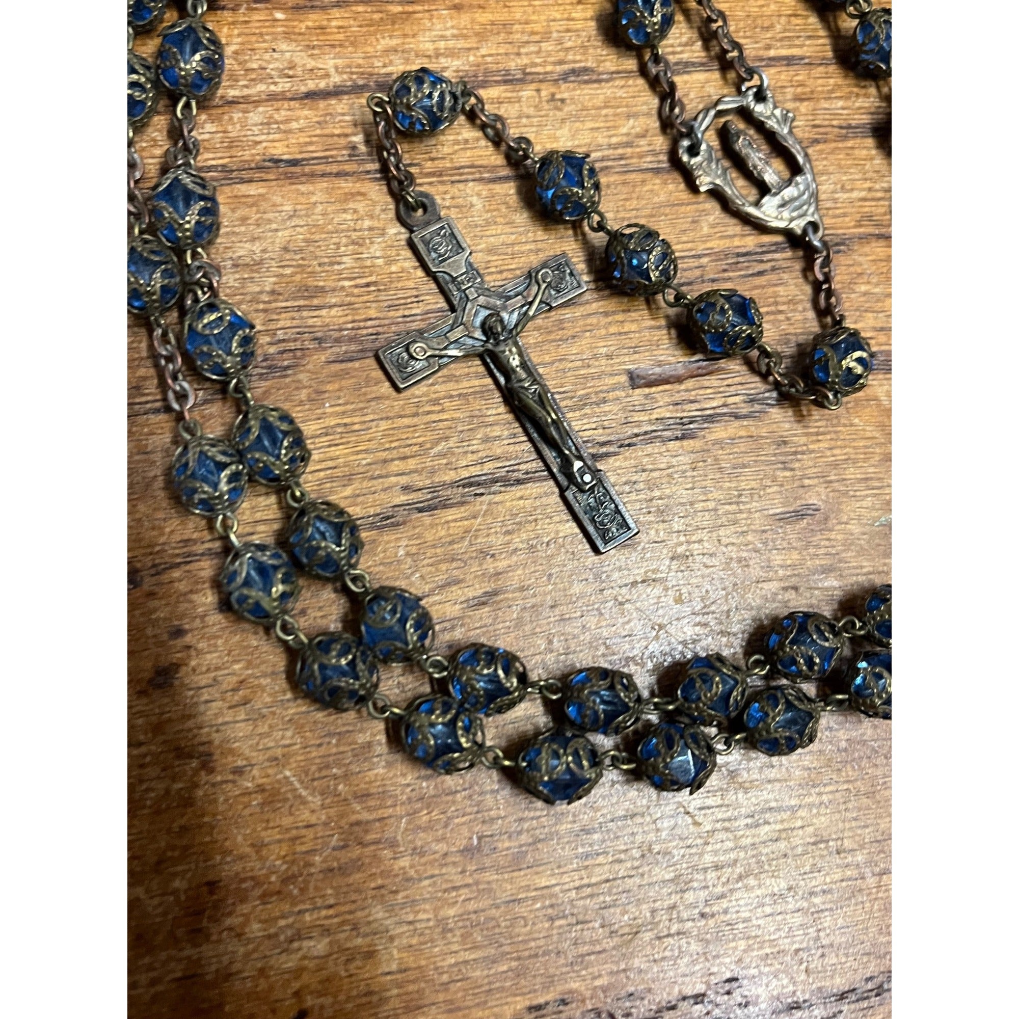 Vintage Catholic Rosary Blue Czech Glass Filigree Beads Brass Crucifix Lourdes
