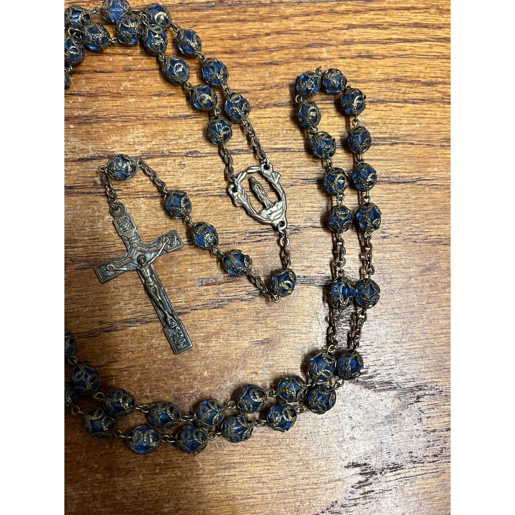 Vintage Catholic Rosary Blue Czech Glass Filigree Beads Brass Crucifix Lourdes