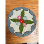Antique Hand Hooked Wool Floral Rug Chair Pad Primitive Folk Art Round Table Mat 15"
