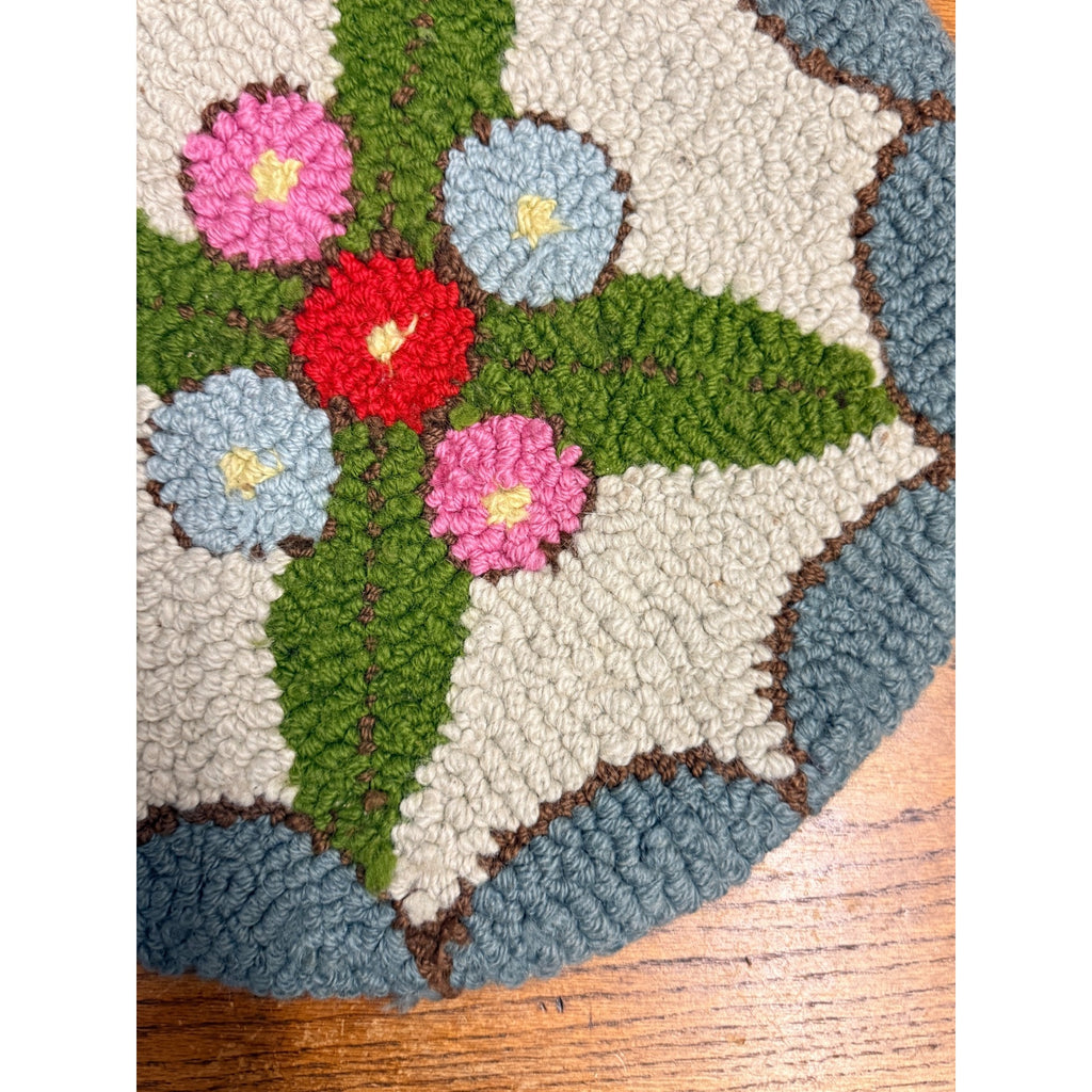 Antique Hand Hooked Wool Floral Rug Chair Pad Primitive Folk Art Round Table Mat 15"