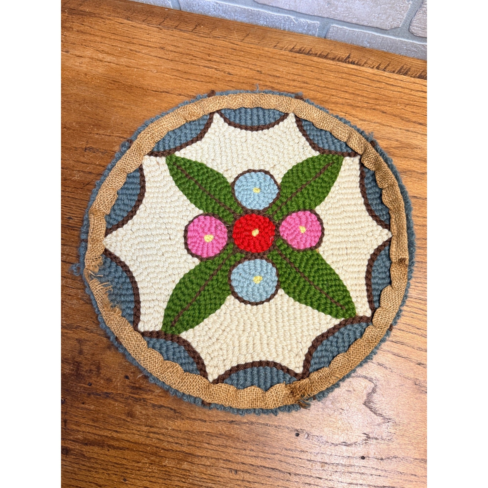 Antique Hand Hooked Wool Floral Rug Chair Pad Primitive Folk Art Round Table Mat 15"