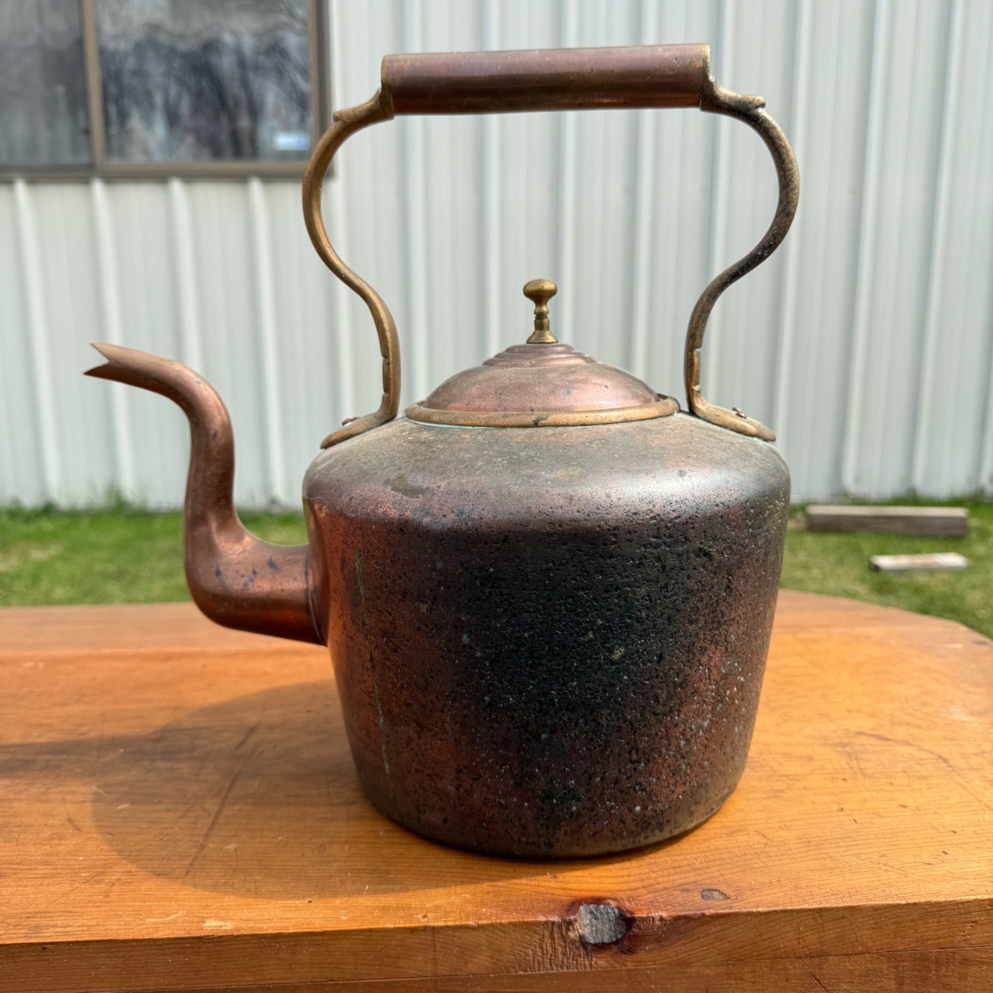 Antique Primitive 19th c. Large Fireplace Brass Coffee Tea Pot Oversized