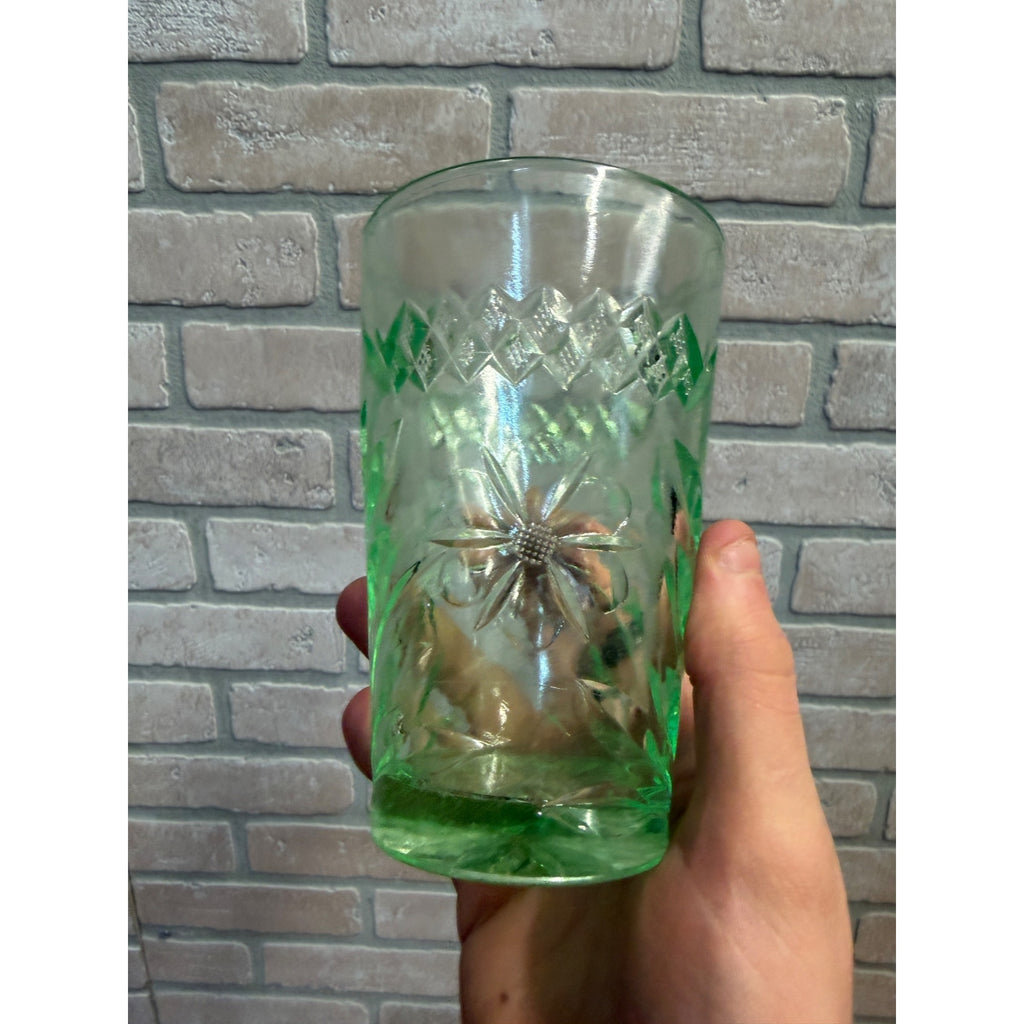 US Glass DIAMOND & FLORAL Green Uranium Vaseline Glass 10 OZ Tumbler Circa 1925