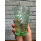 US Glass DIAMOND & FLORAL Green Uranium Vaseline Glass 10 OZ Tumbler Circa 1925