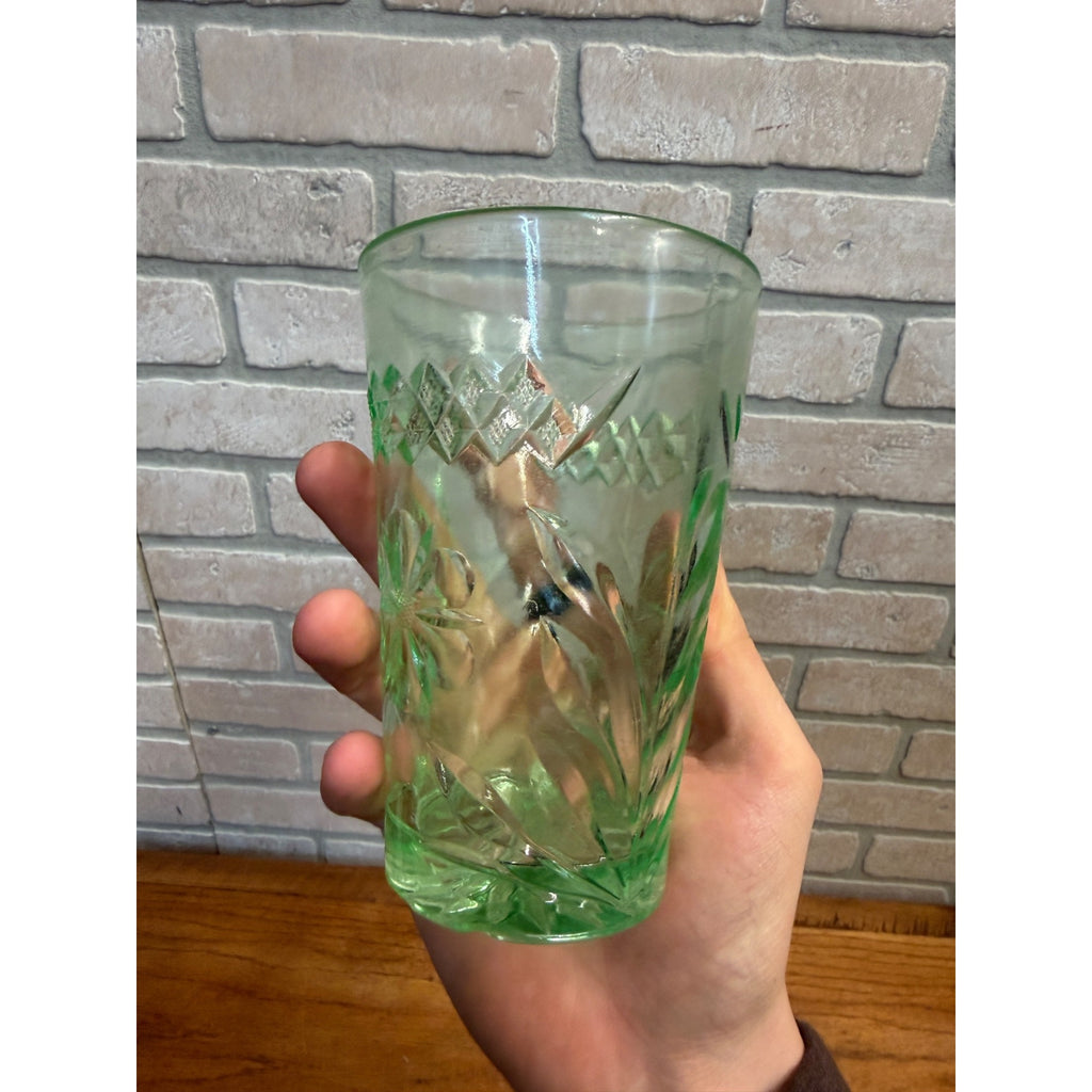 US Glass DIAMOND & FLORAL Green Uranium Vaseline Glass 10 OZ Tumbler Circa 1925