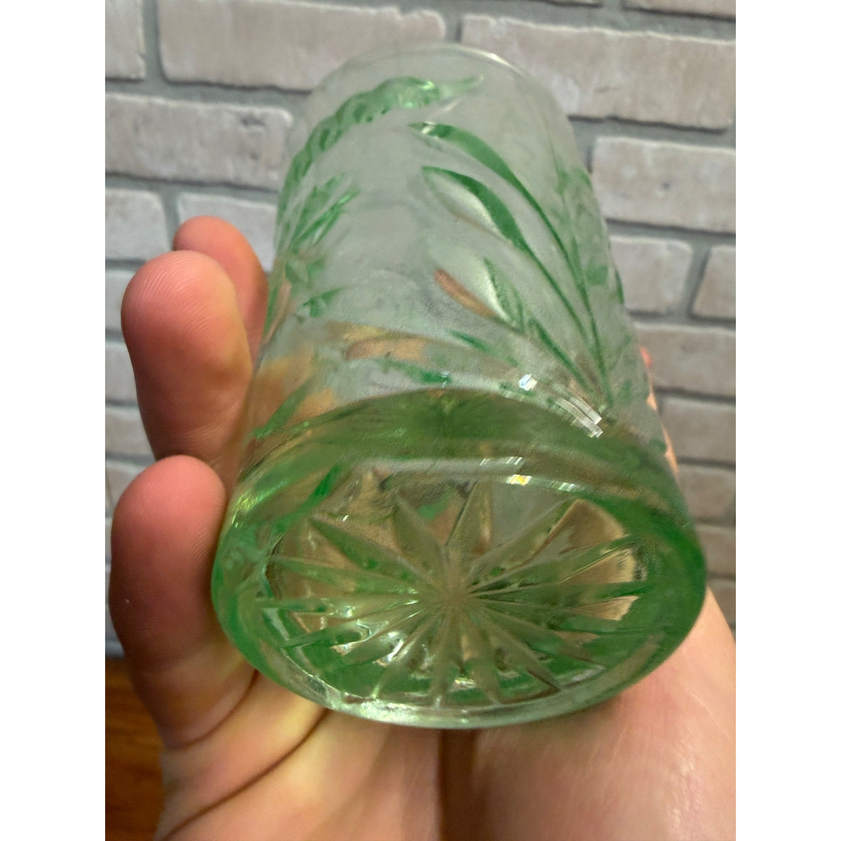 US Glass DIAMOND & FLORAL Green Uranium Vaseline Glass 10 OZ Tumbler Circa 1925