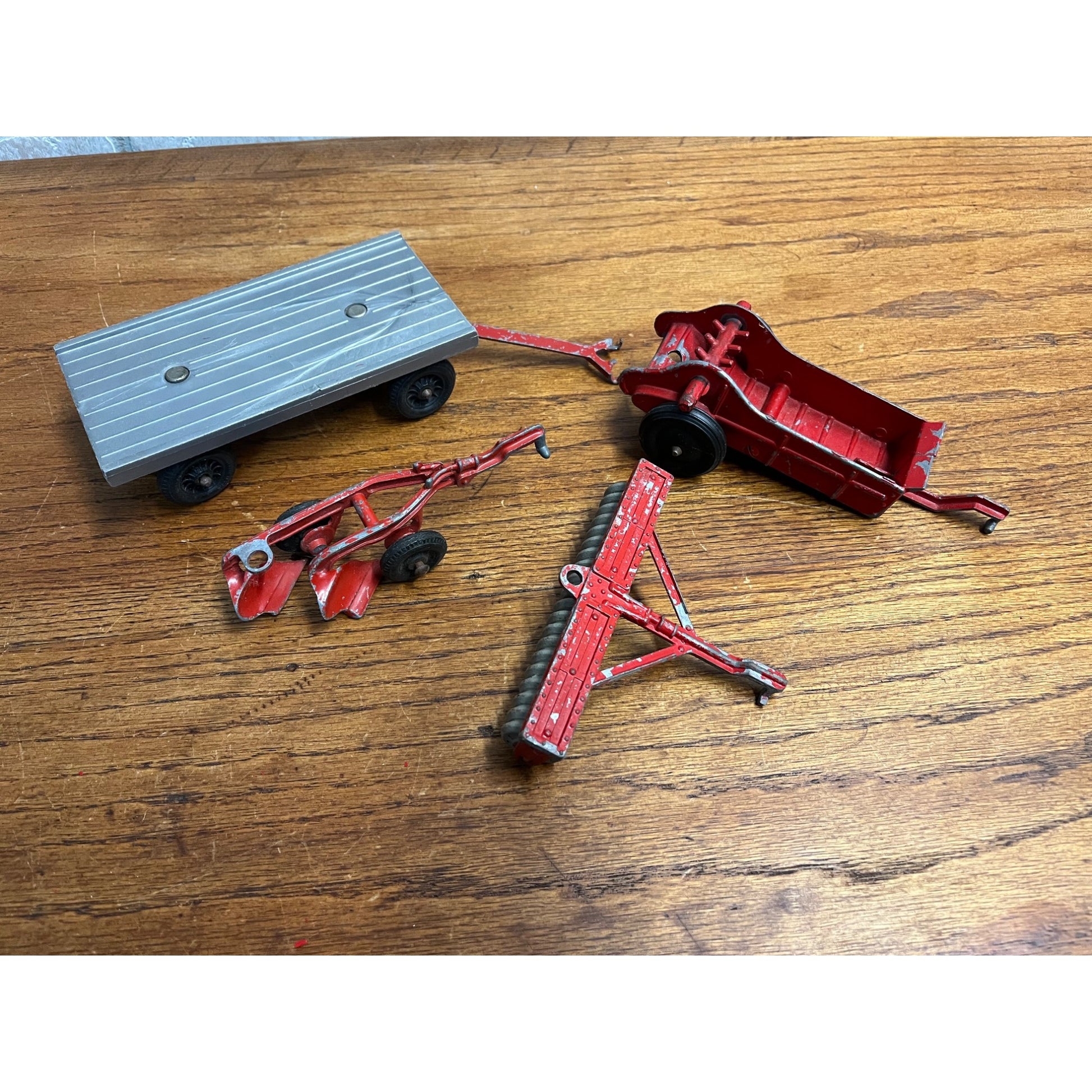 Vintage Hubley Red Tractor Plastic Wagon, Plow, Roller, Manure Spreader Kiddie Jr