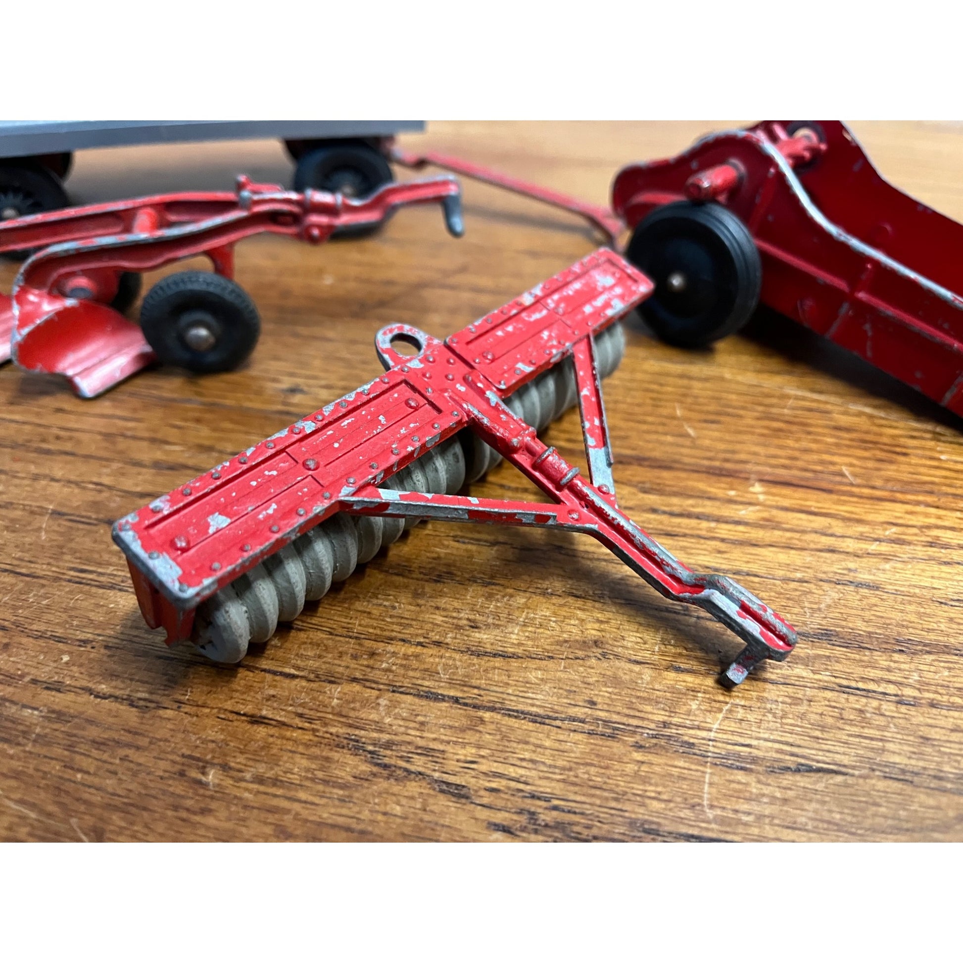 Vintage Hubley Red Tractor Plastic Wagon, Plow, Roller, Manure Spreader Kiddie Jr