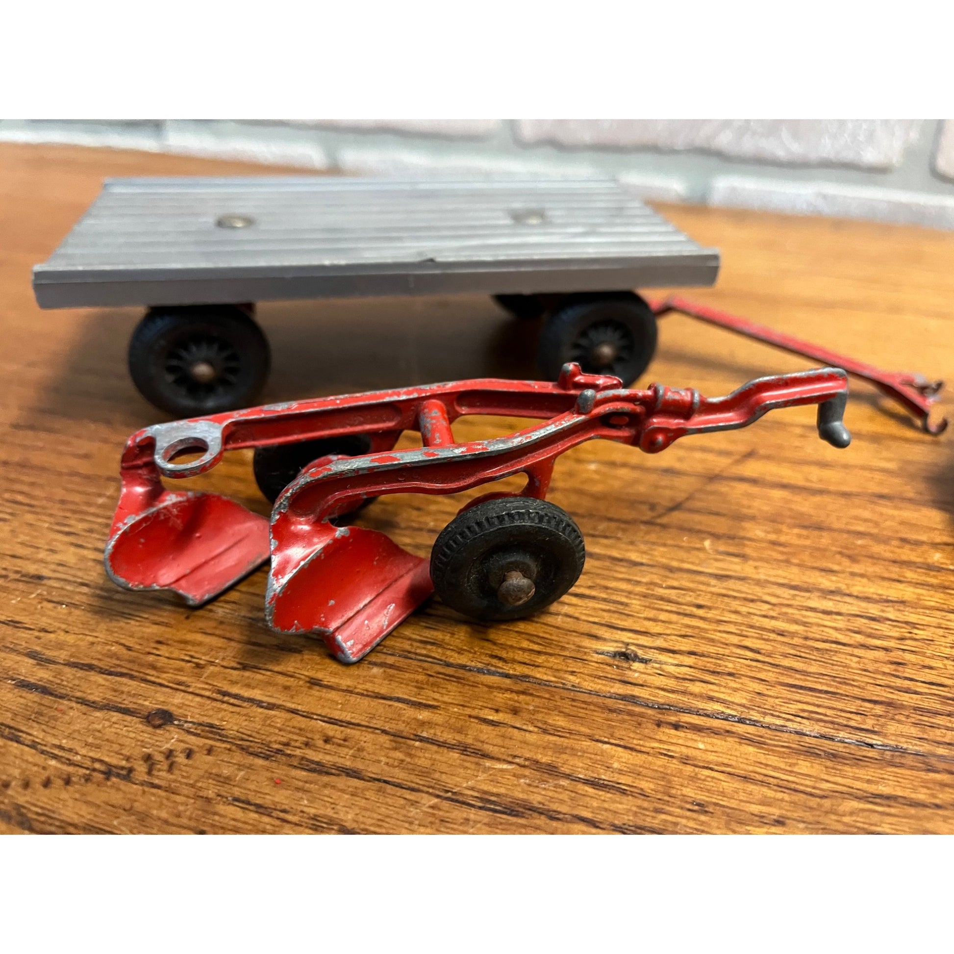 Vintage Hubley Red Tractor Plastic Wagon, Plow, Roller, Manure Spreader Kiddie Jr