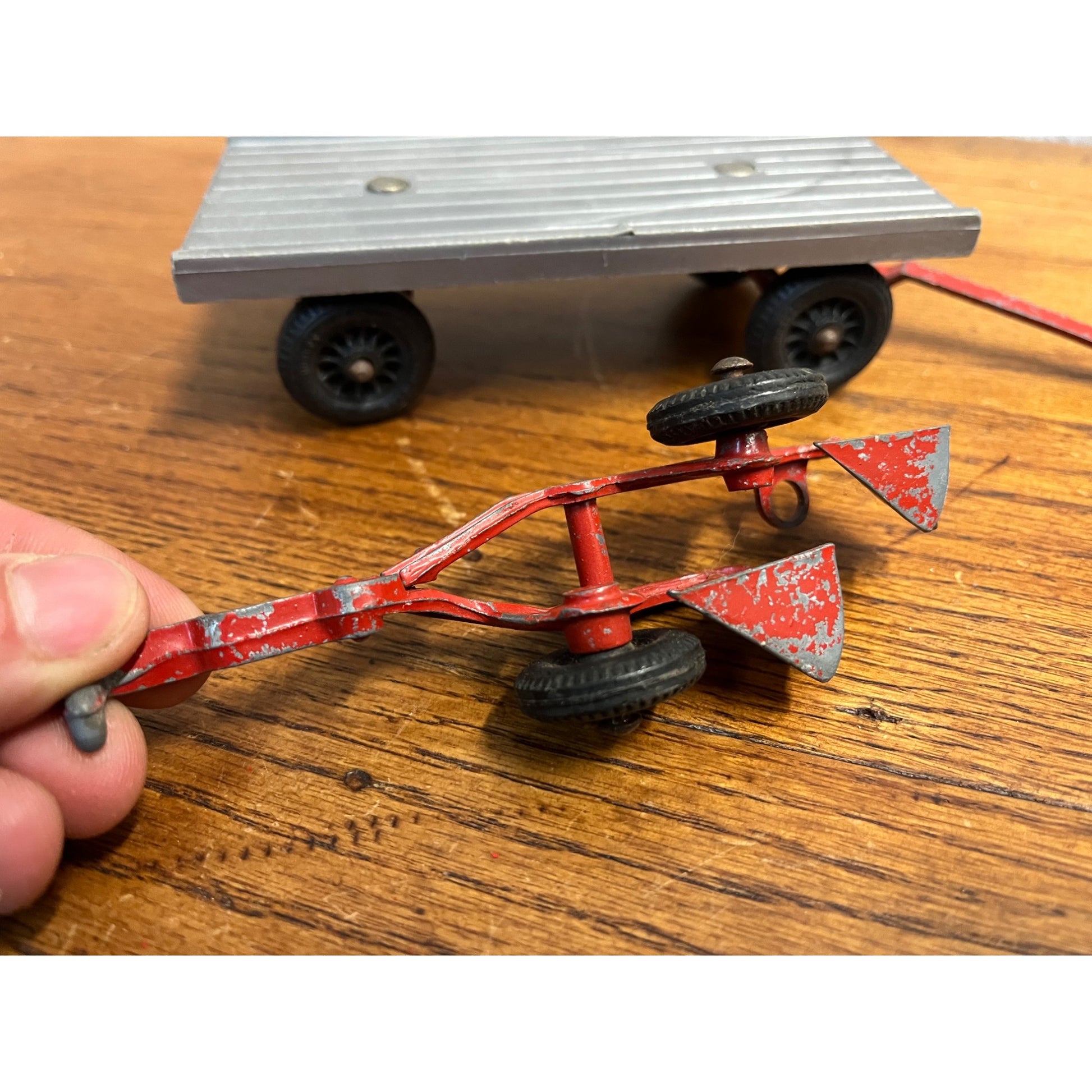 Vintage Hubley Red Tractor Plastic Wagon, Plow, Roller, Manure Spreader Kiddie Jr