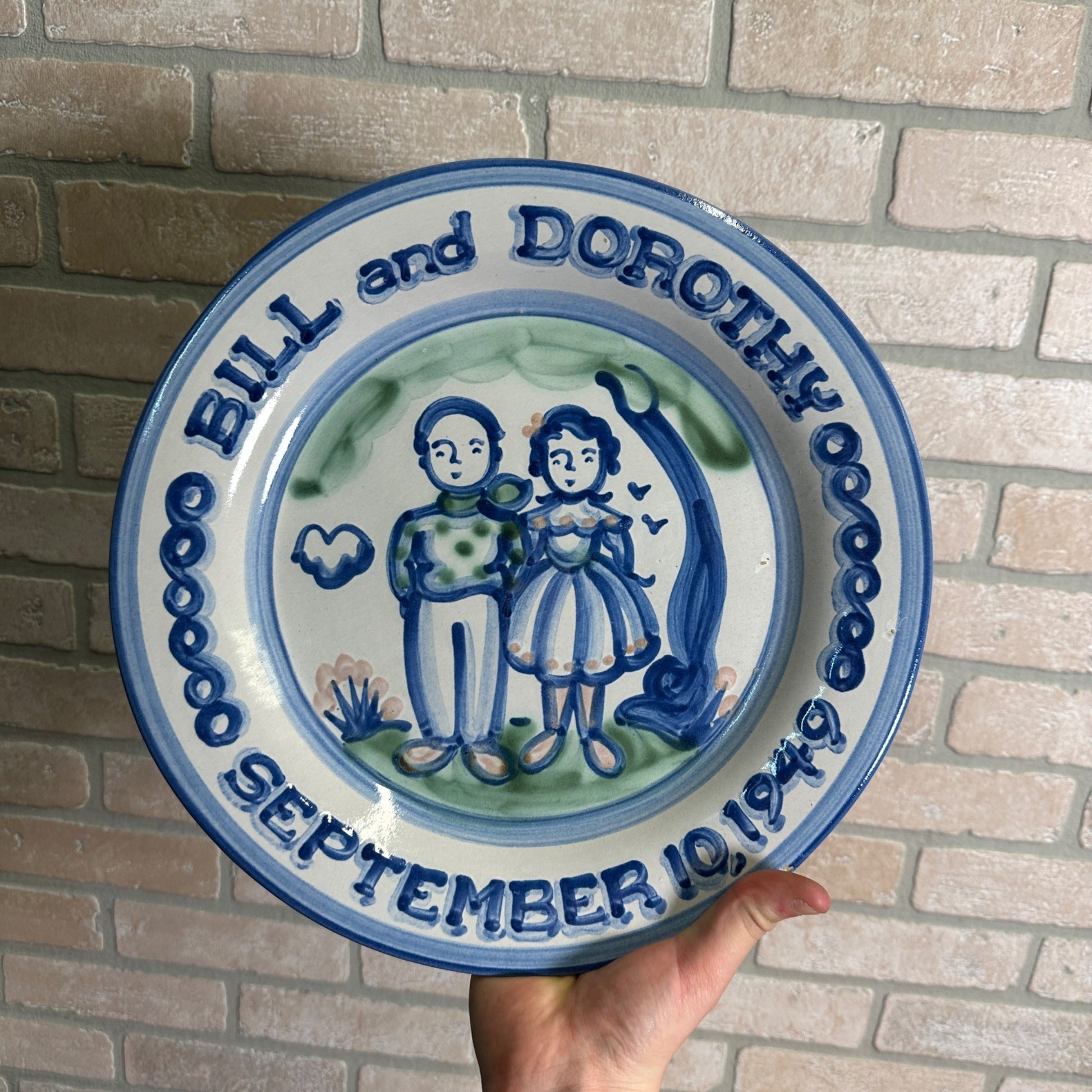 M A Hadley Art Pottery Blue Large 12-1/2" Serving Tray Platter Farmer and Wife Plate