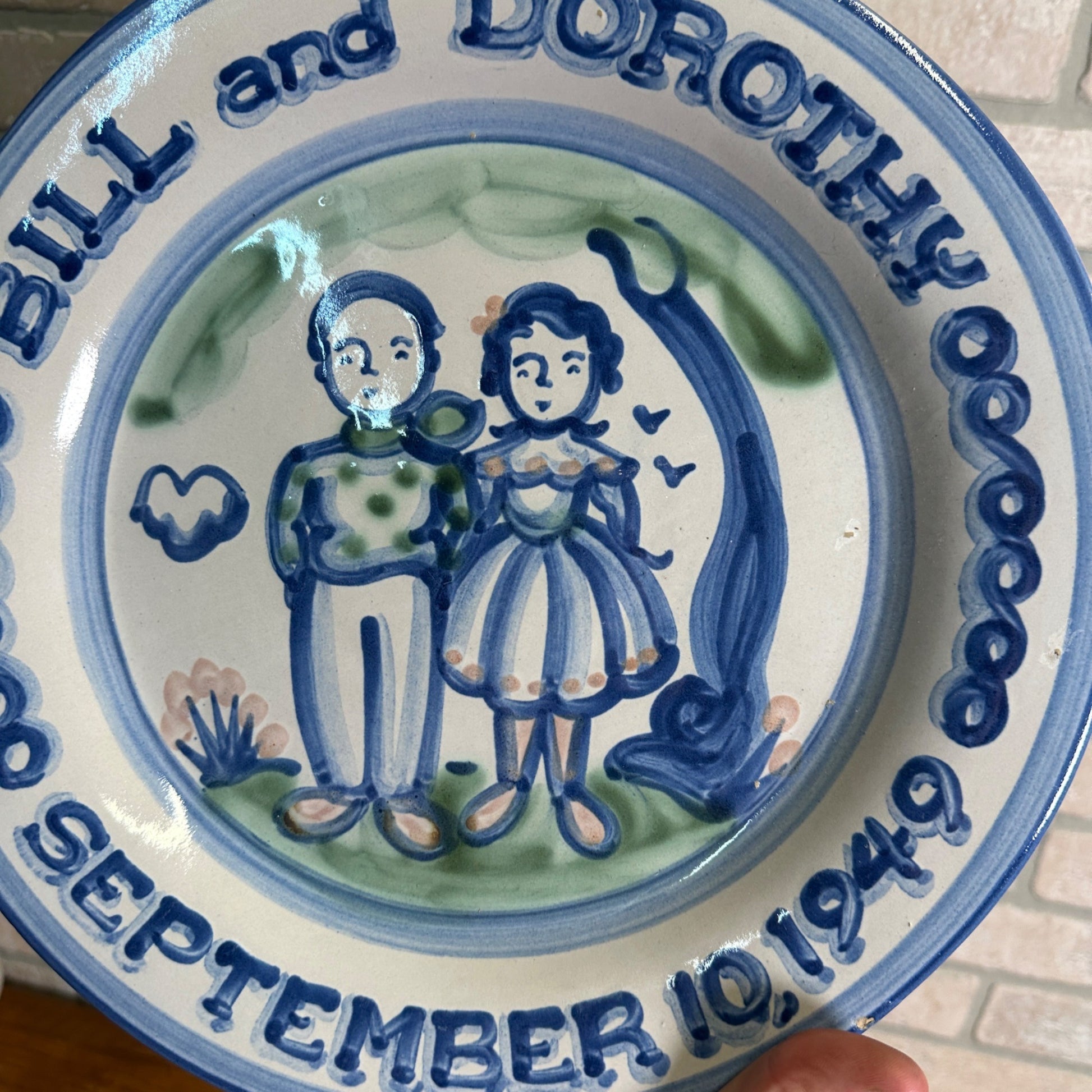 M A Hadley Art Pottery Blue Large 12-1/2" Serving Tray Platter Farmer and Wife Plate