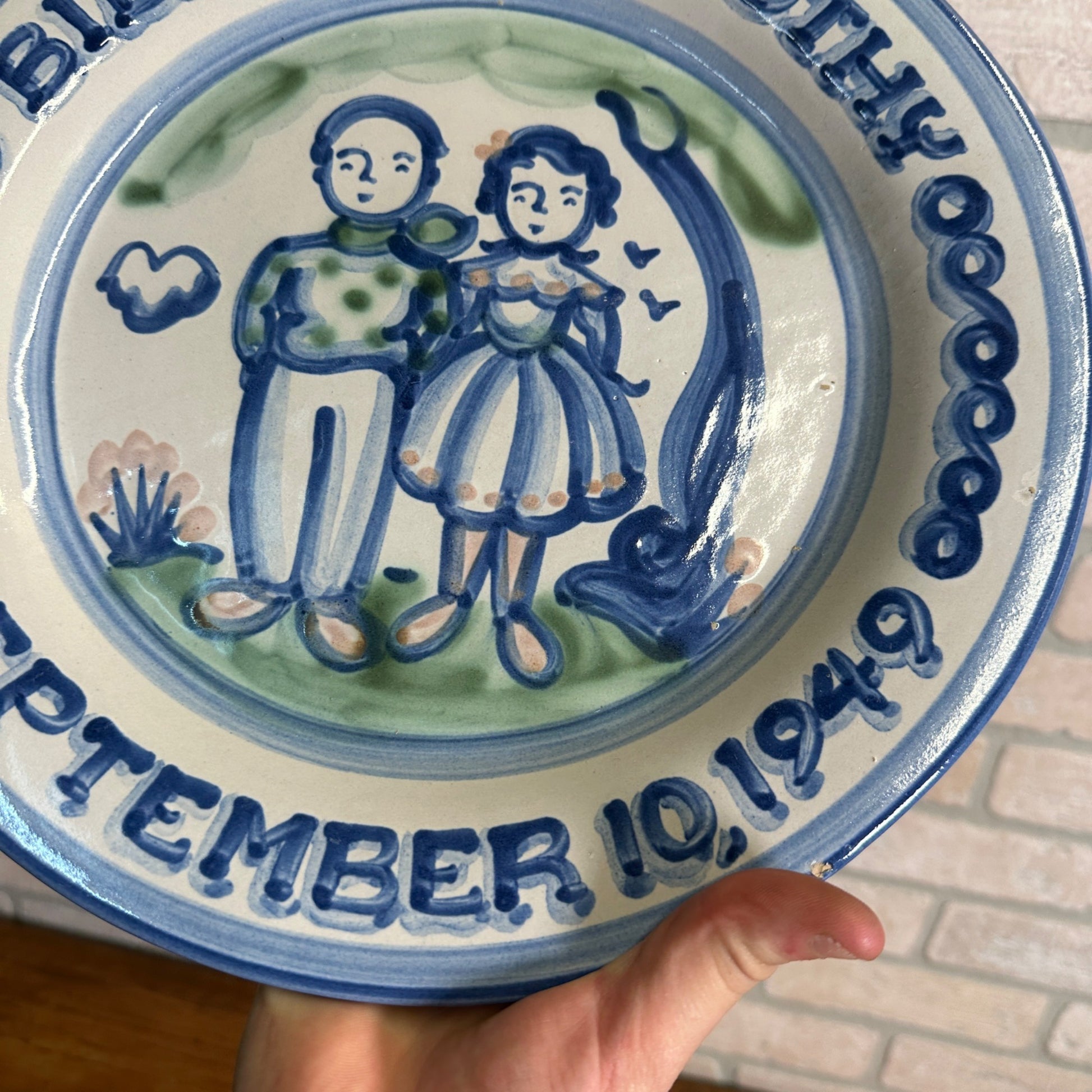 M A Hadley Art Pottery Blue Large 12-1/2" Serving Tray Platter Farmer and Wife Plate