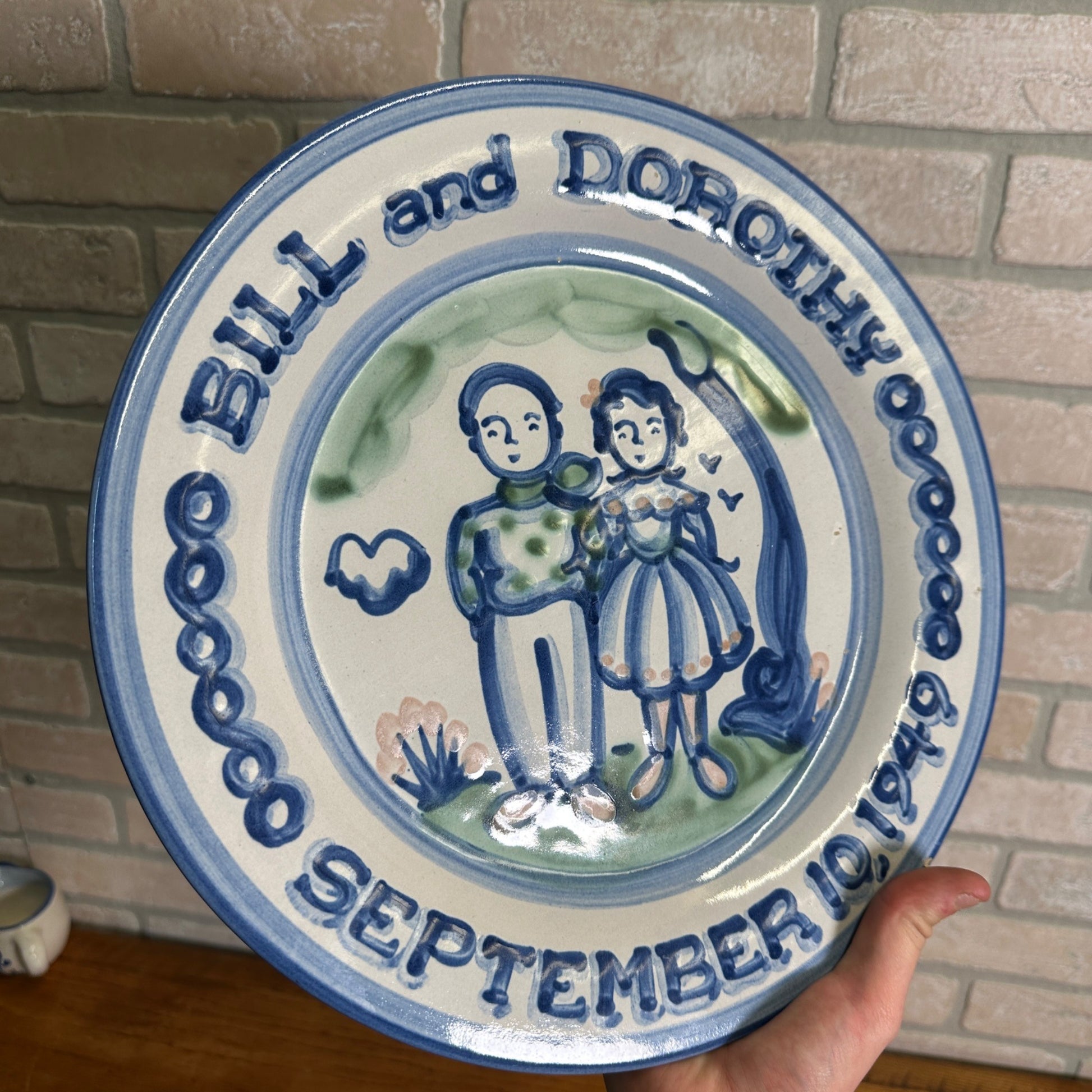 M A Hadley Art Pottery Blue Large 12-1/2" Serving Tray Platter Farmer and Wife Plate