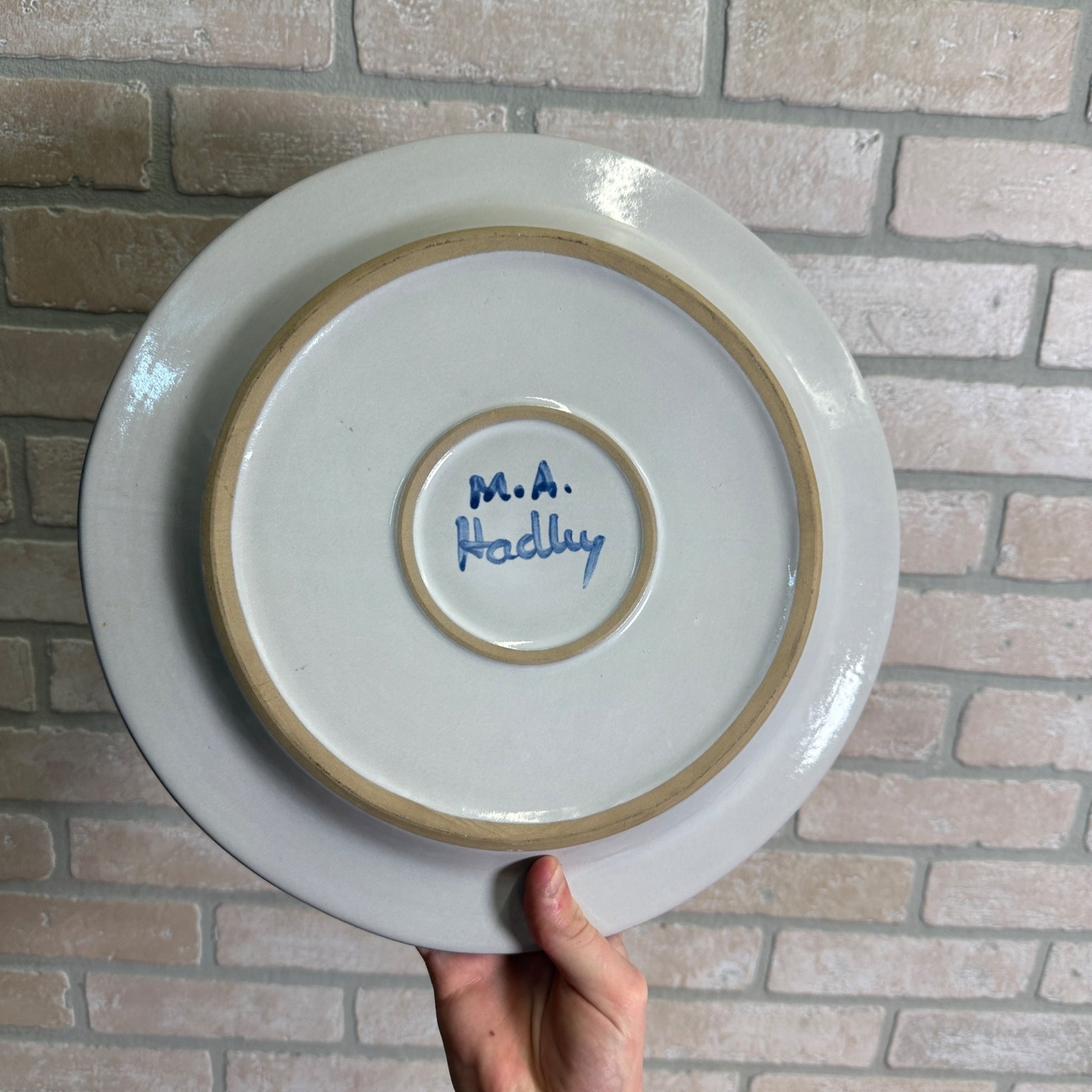 M A Hadley Art Pottery Blue Large 12-1/2" Serving Tray Platter Farmer and Wife Plate