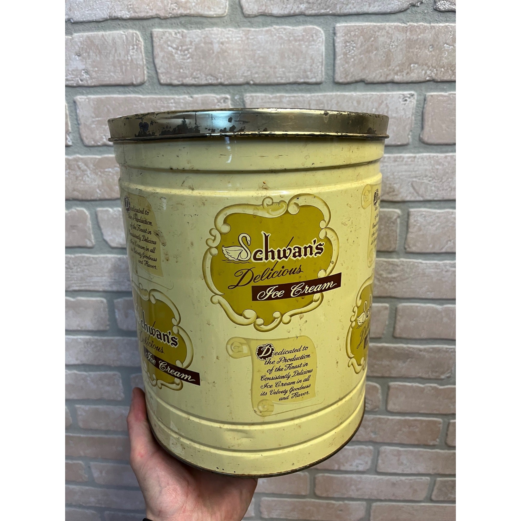 Vintage Schwans 2.5 Gallon Ice Cream Tin Can Container- Returnable Kitchen Decor