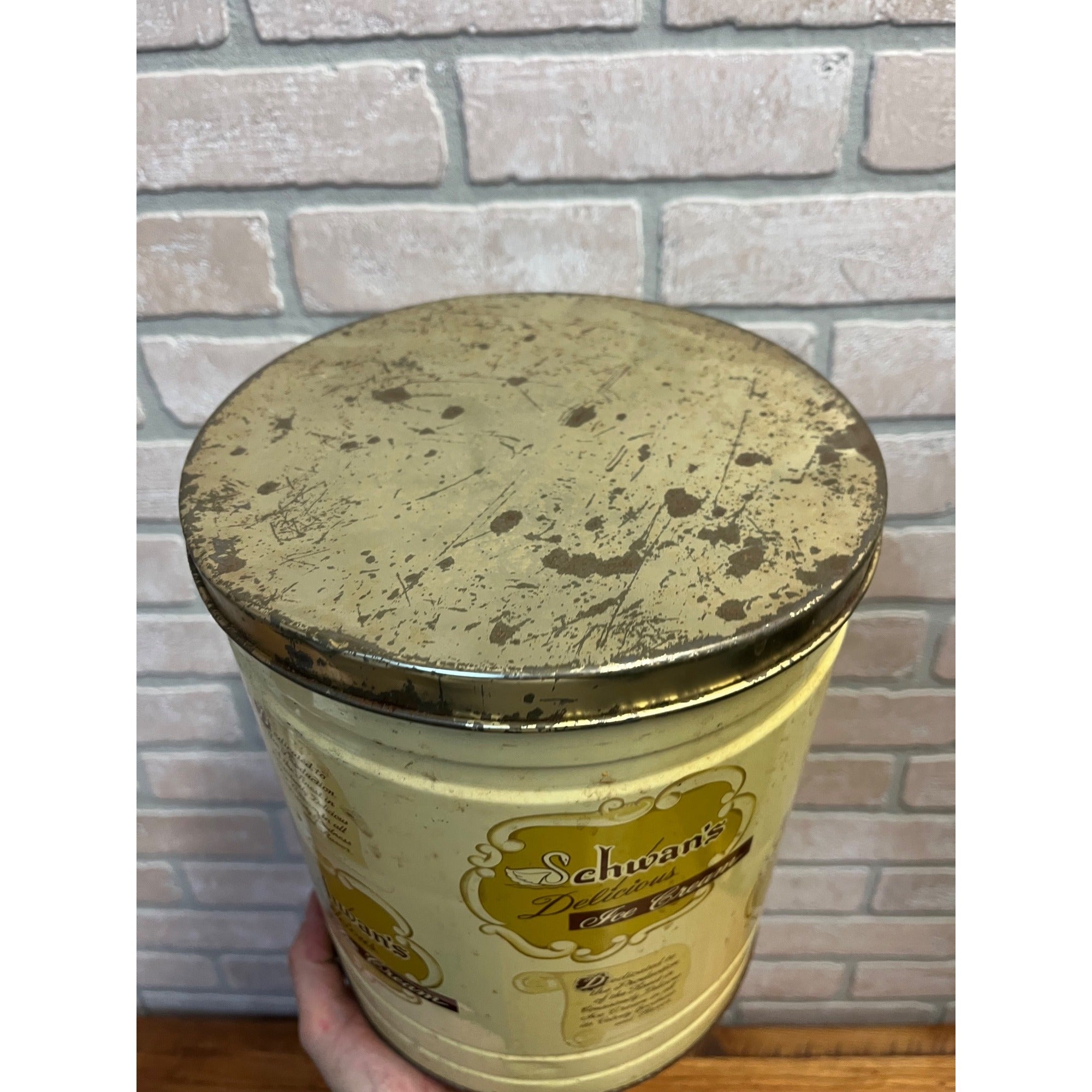 Vintage Schwans 2.5 Gallon Ice Cream Tin Can Container- Returnable Kitchen Decor