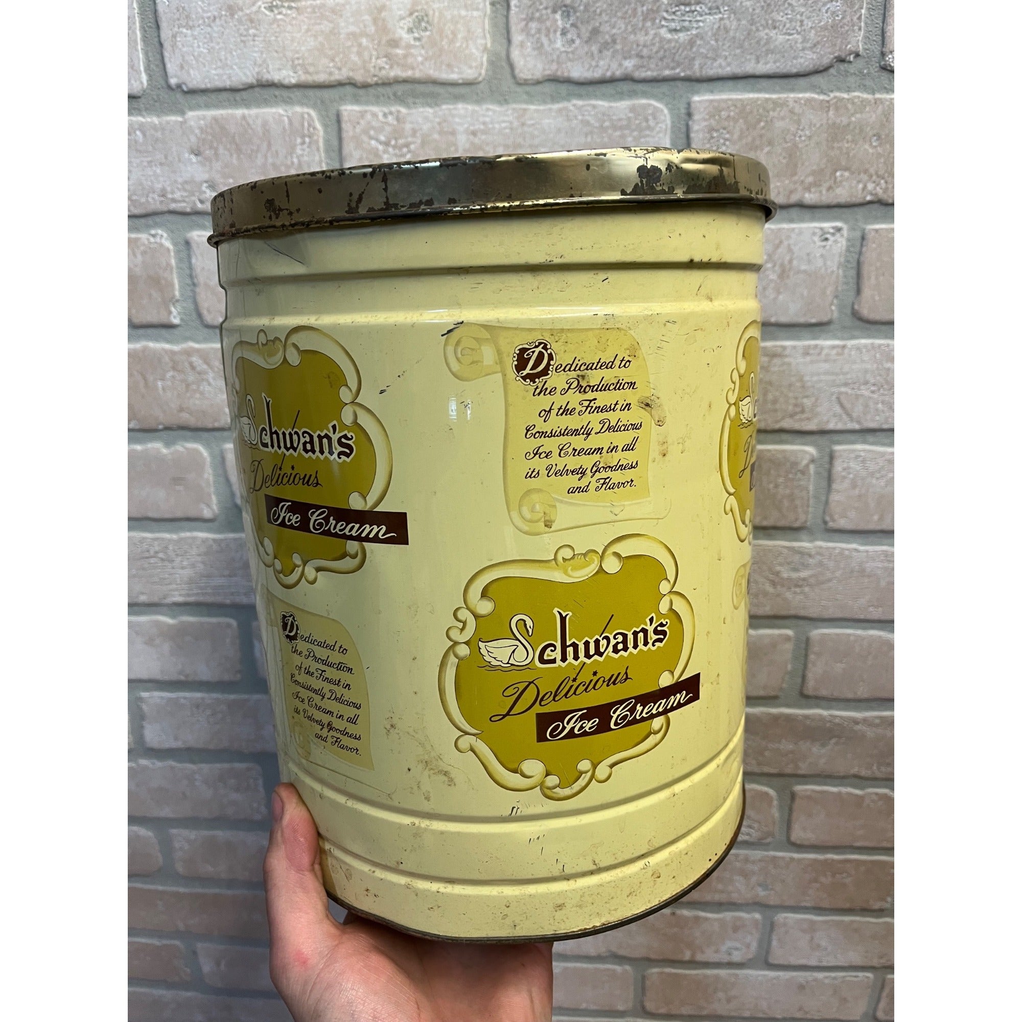 Vintage Schwans 2.5 Gallon Ice Cream Tin Can Container- Returnable Kitchen Decor