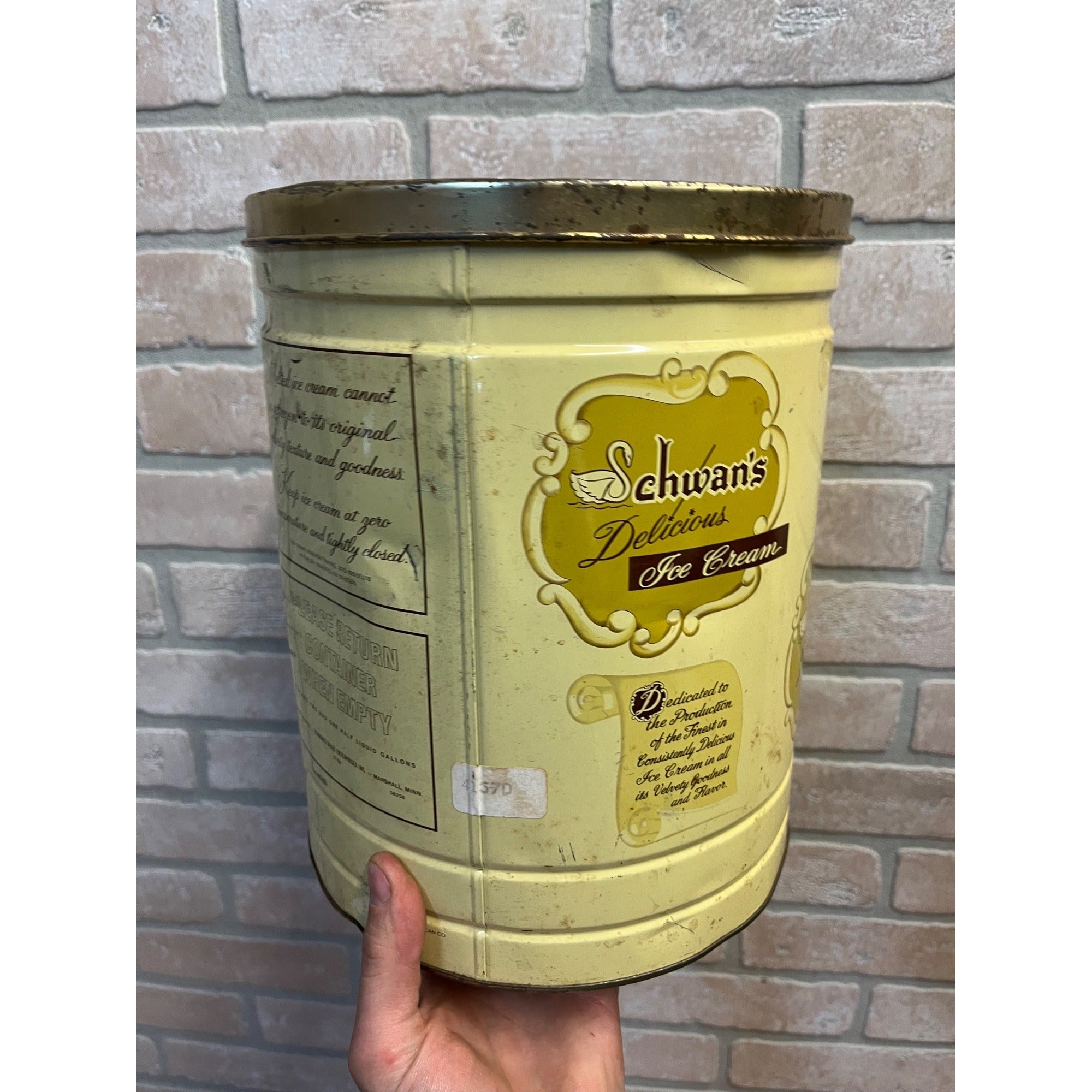Vintage Schwans 2.5 Gallon Ice Cream Tin Can Container- Returnable Kitchen Decor