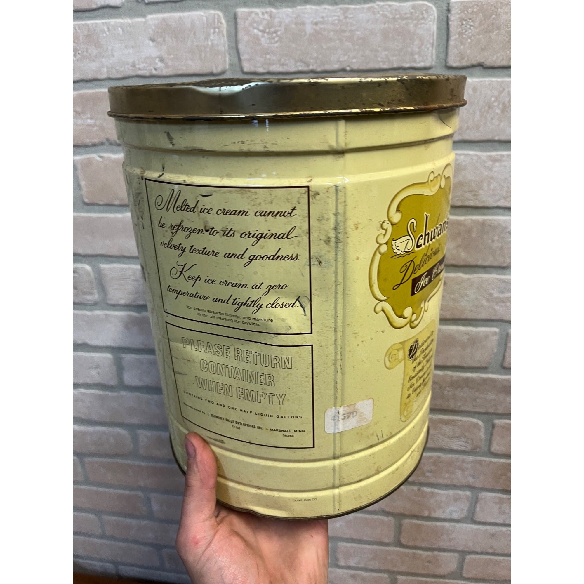 Vintage Schwans 2.5 Gallon Ice Cream Tin Can Container- Returnable Kitchen Decor
