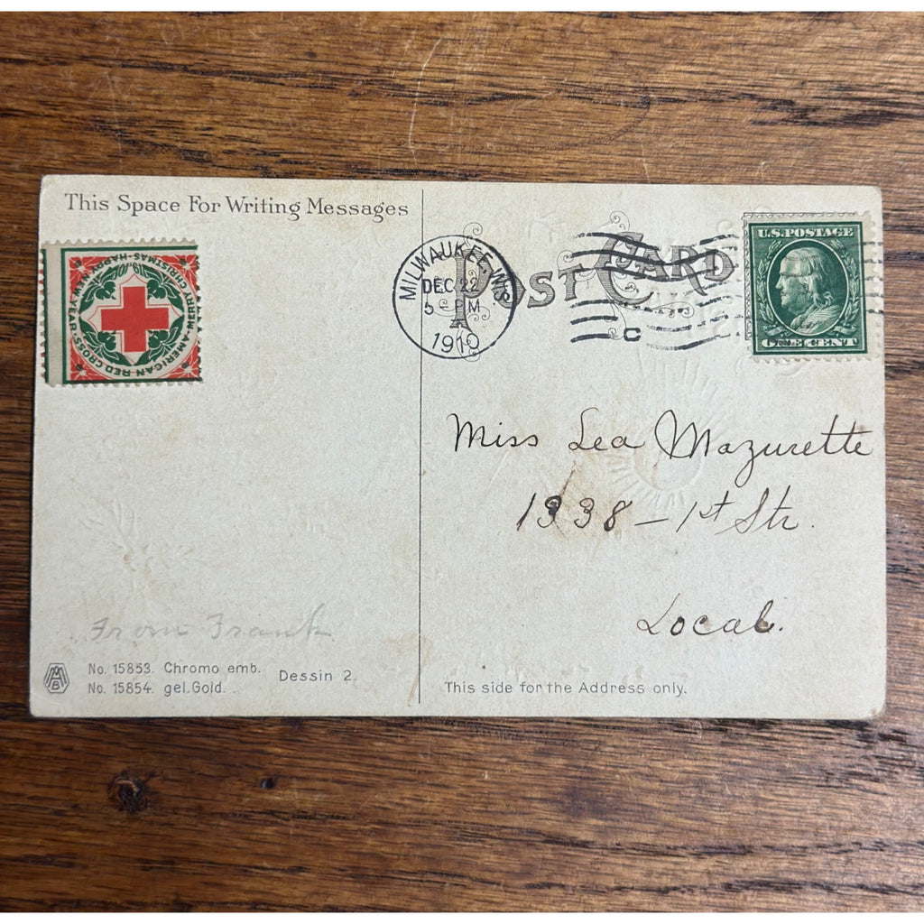 Vintage 1910 Christmas Postcard w/ Christmas Seal Tied American Red Cross
