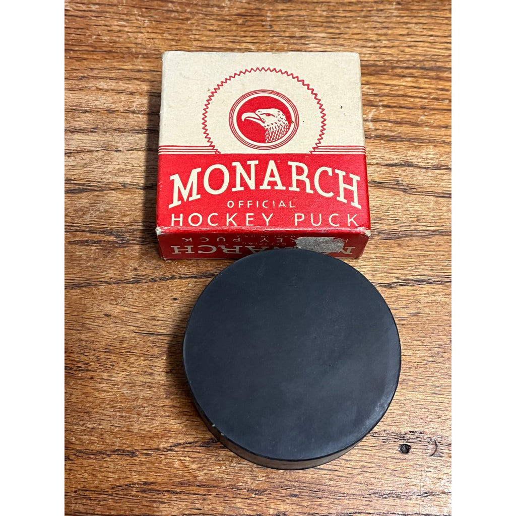 Vintage 1950s Monarch Official Ice Hockey Puck in Original Box Advertising